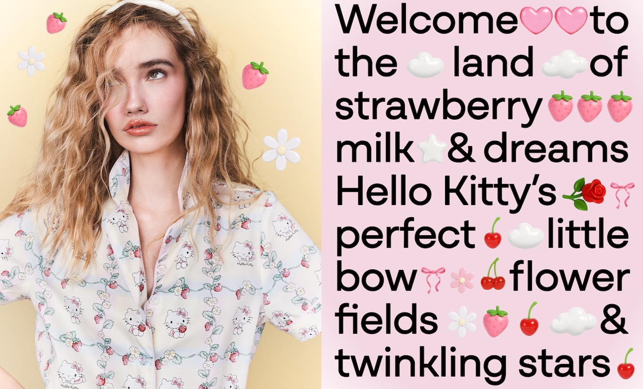 Welcome to the land of strawberries, milk & dreams. Hello Kitty's perfect little bow, flower fields & twinkling stars.