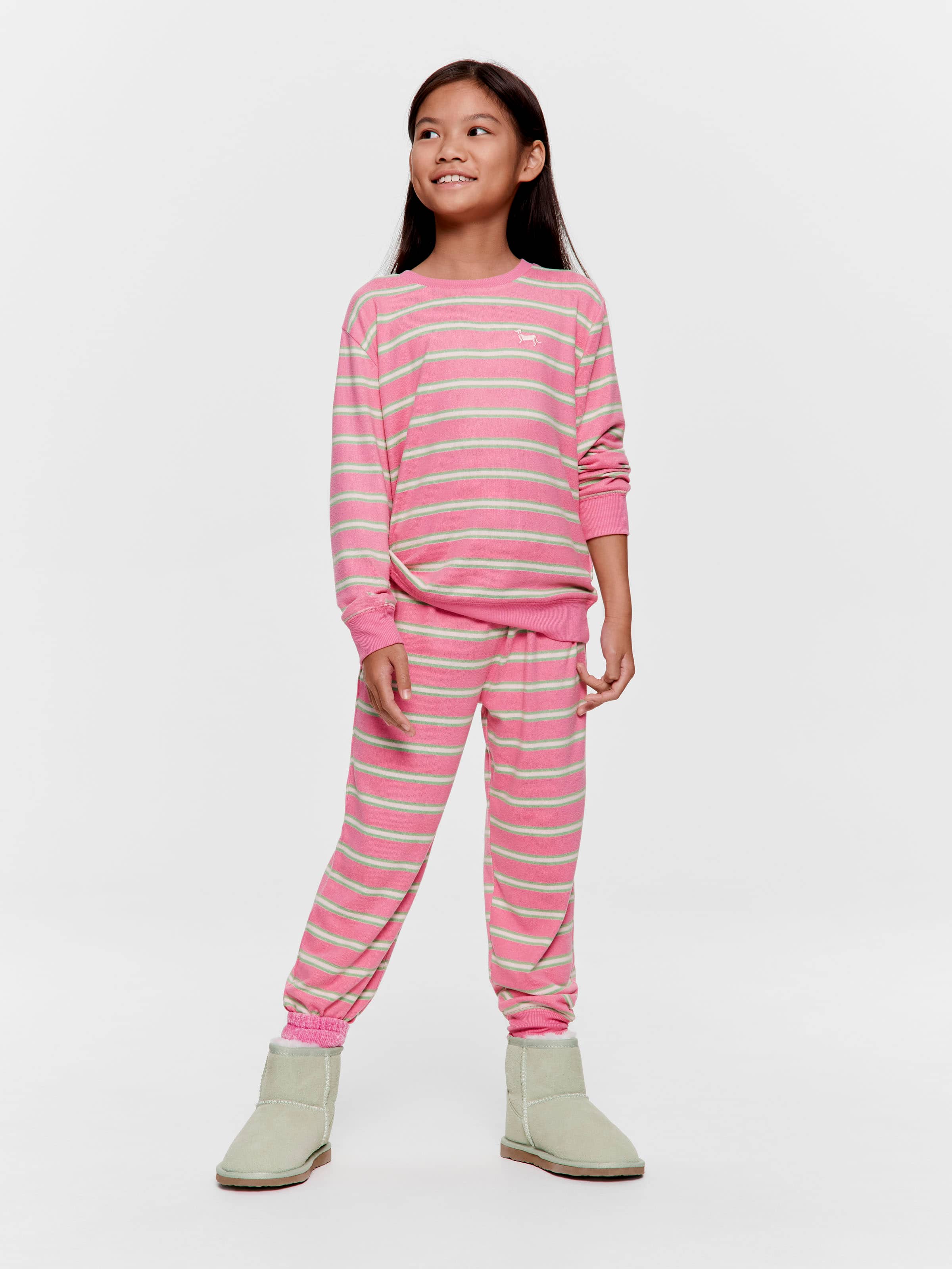 Image for Girls Pink Stripe Plush Long Pj Set from Peter Alexander