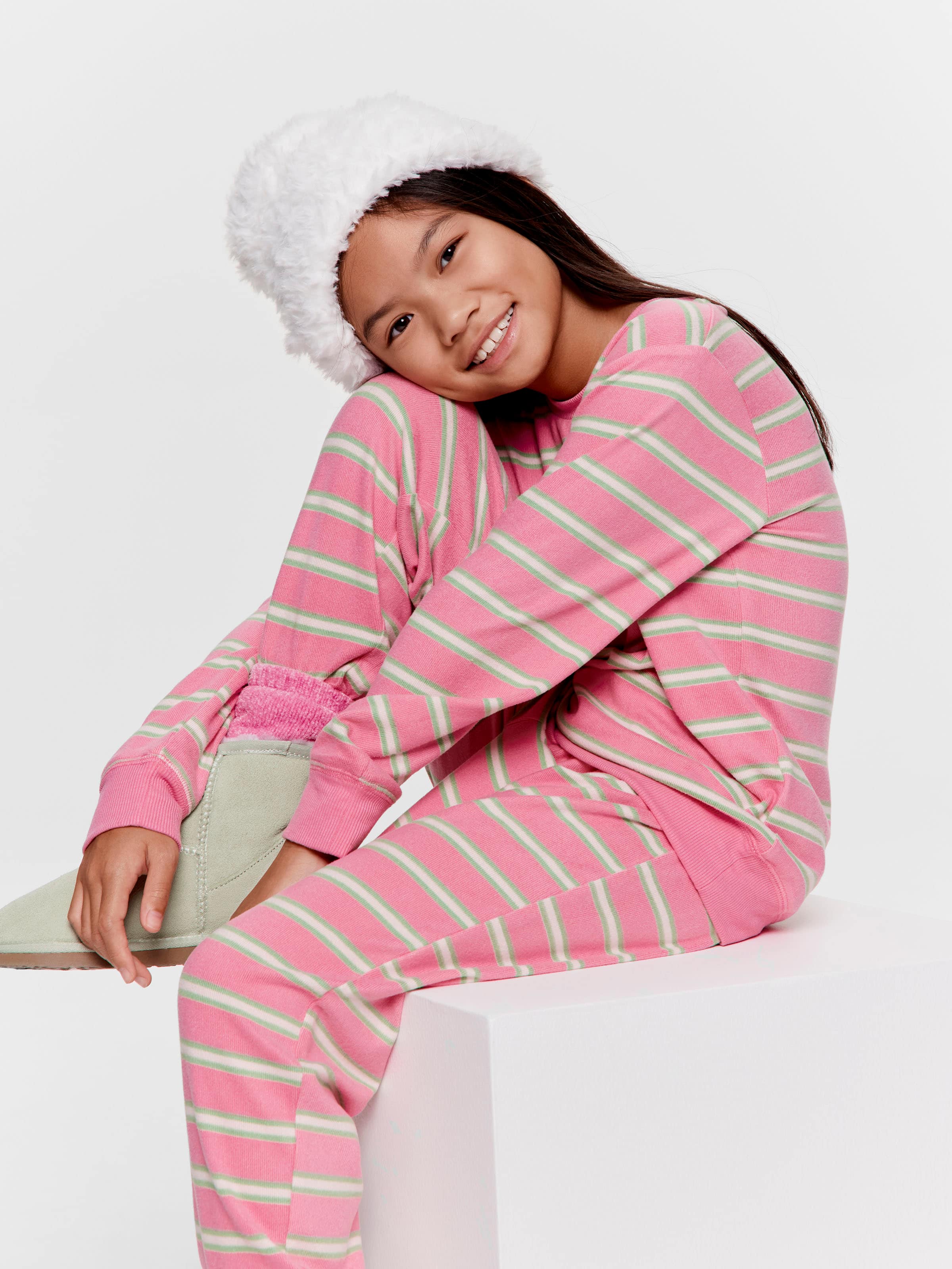 Image for Girls Pink Stripe Plush Long Pj Set from Peter Alexander