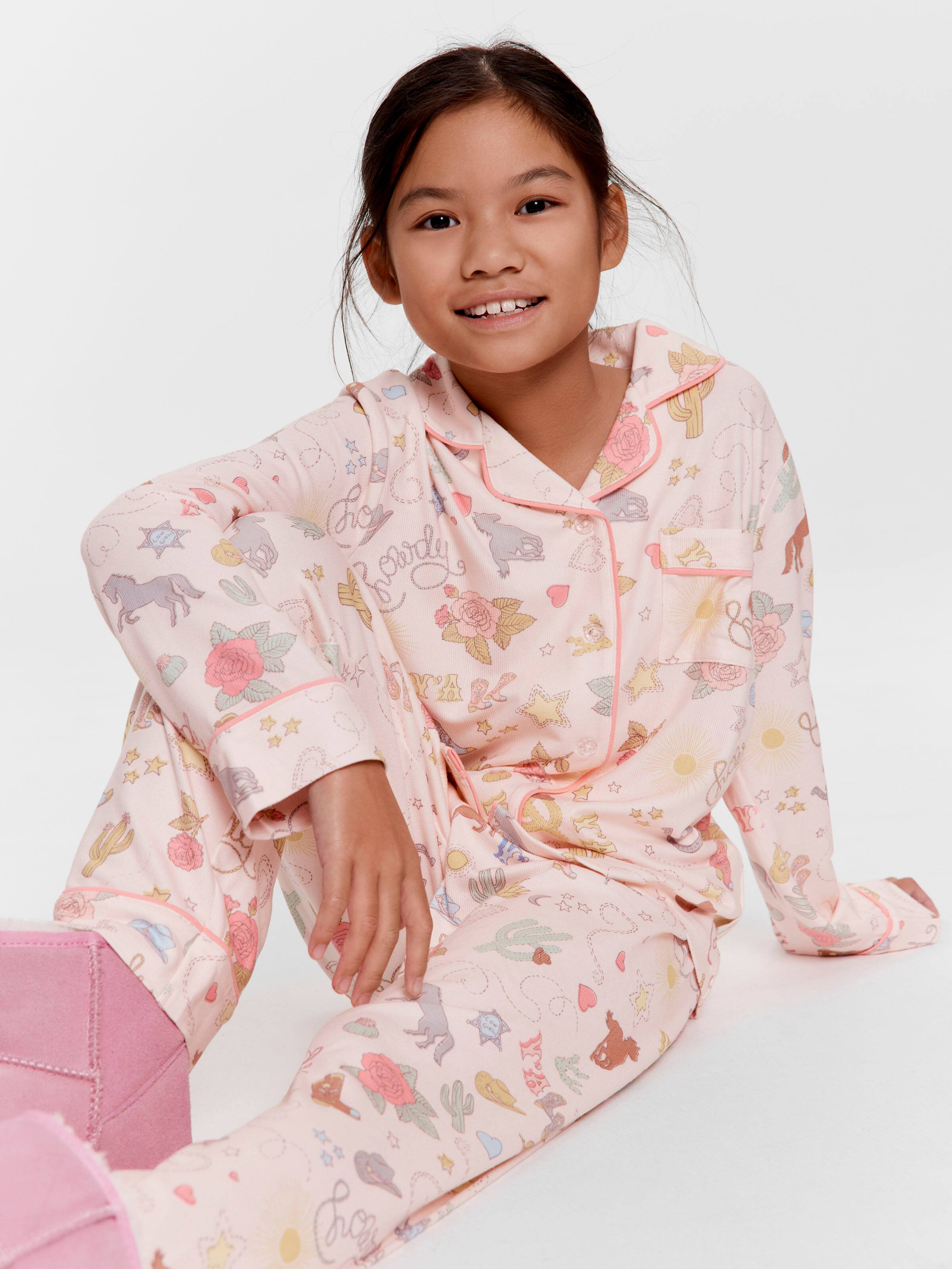 Girls Cowboy Print Long Plush Classic Pj Set