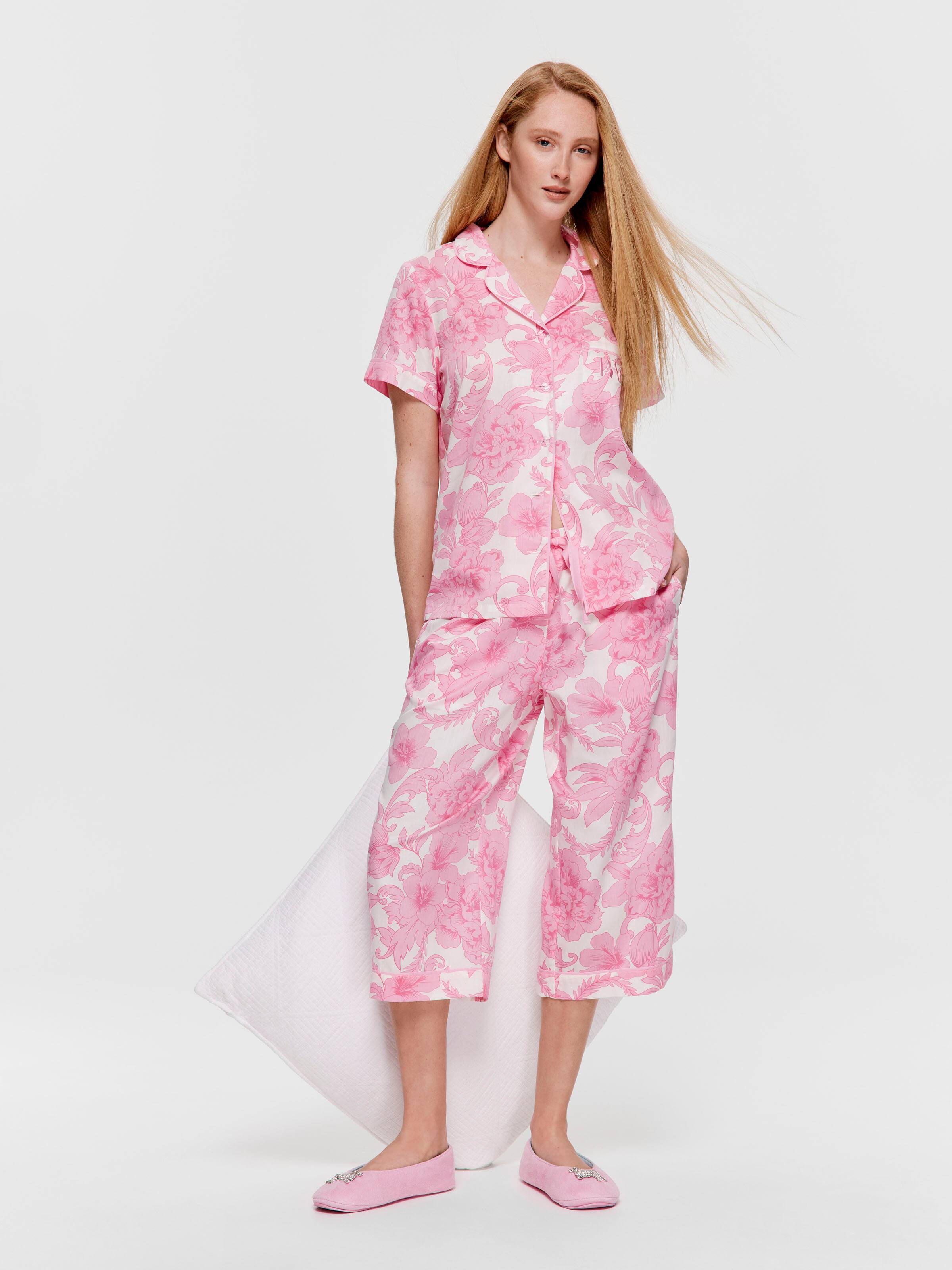 Pink Floral 100% Soft Cotton Short Sleeve & 3/4 Pant Pj Set