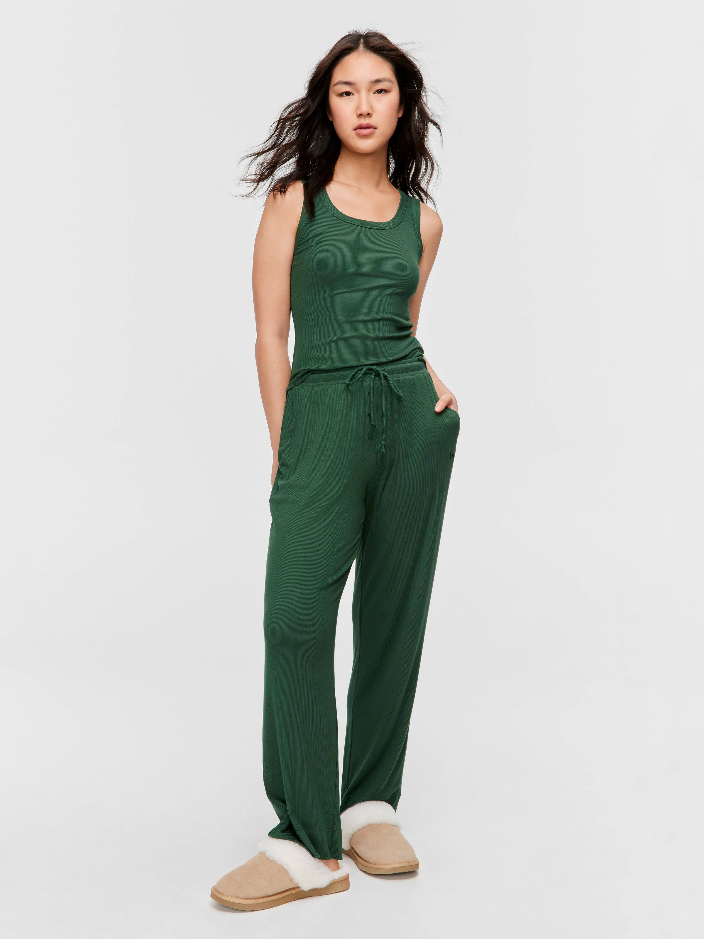 Olive Bamboo Rib Wide Leg Pj Pant
