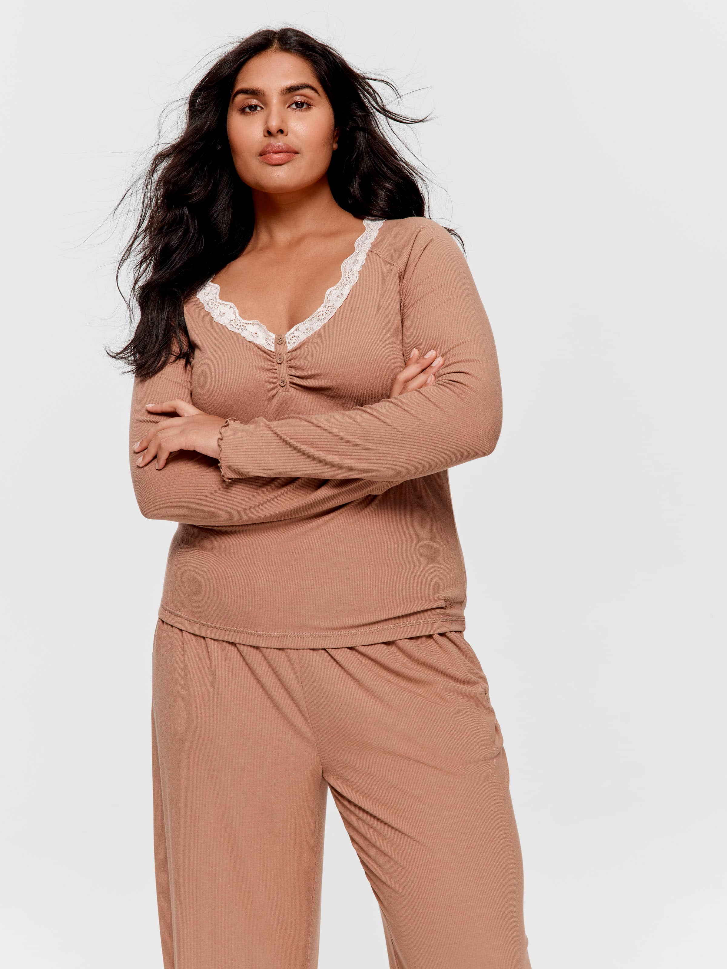 P.A. Plus Brown Lace Trim Bamboo Rib Henley Long Sleeve Top