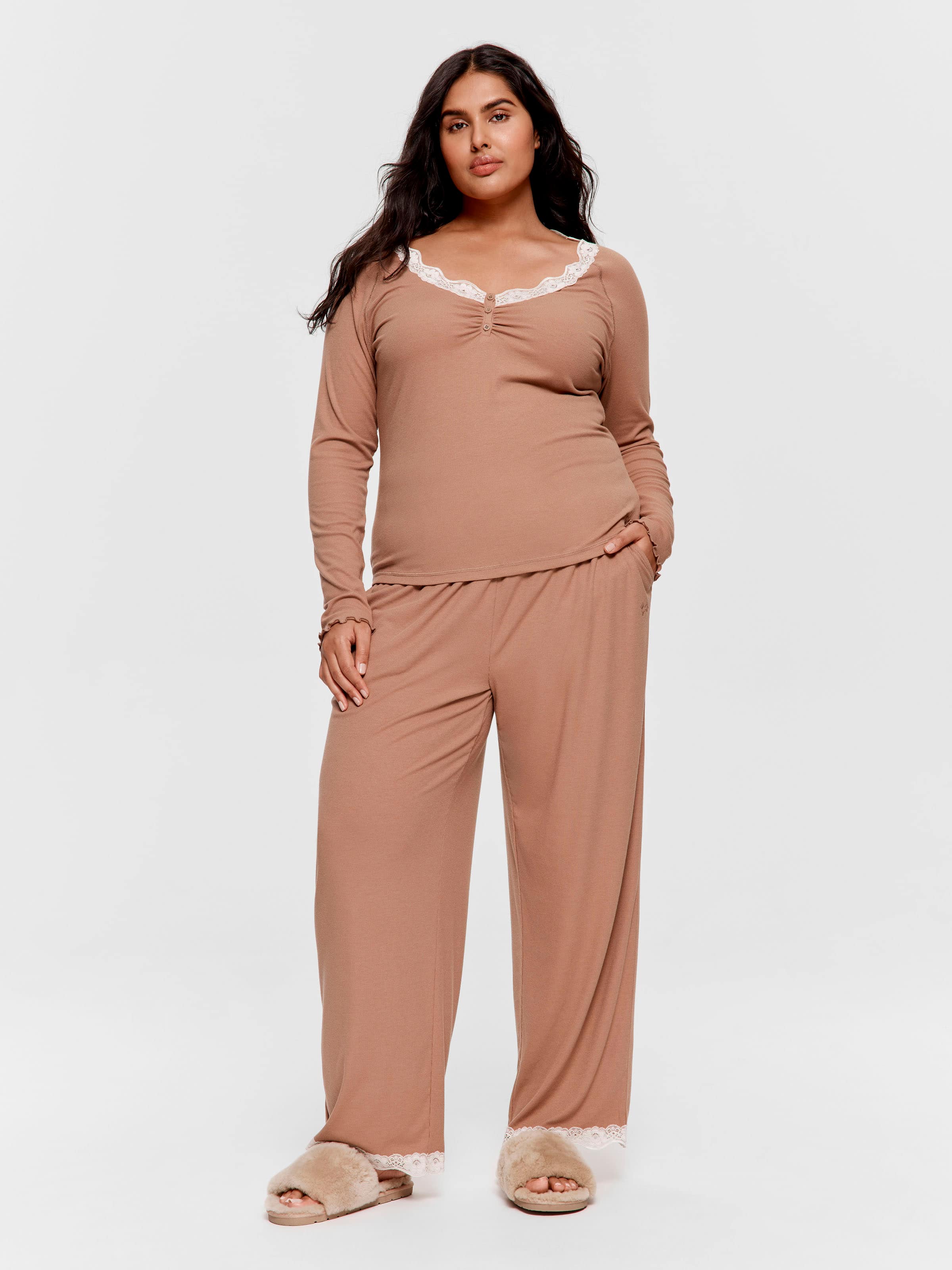 P.A. Plus Brown Lace Trim Bamboo Rib Henley Long Sleeve Top