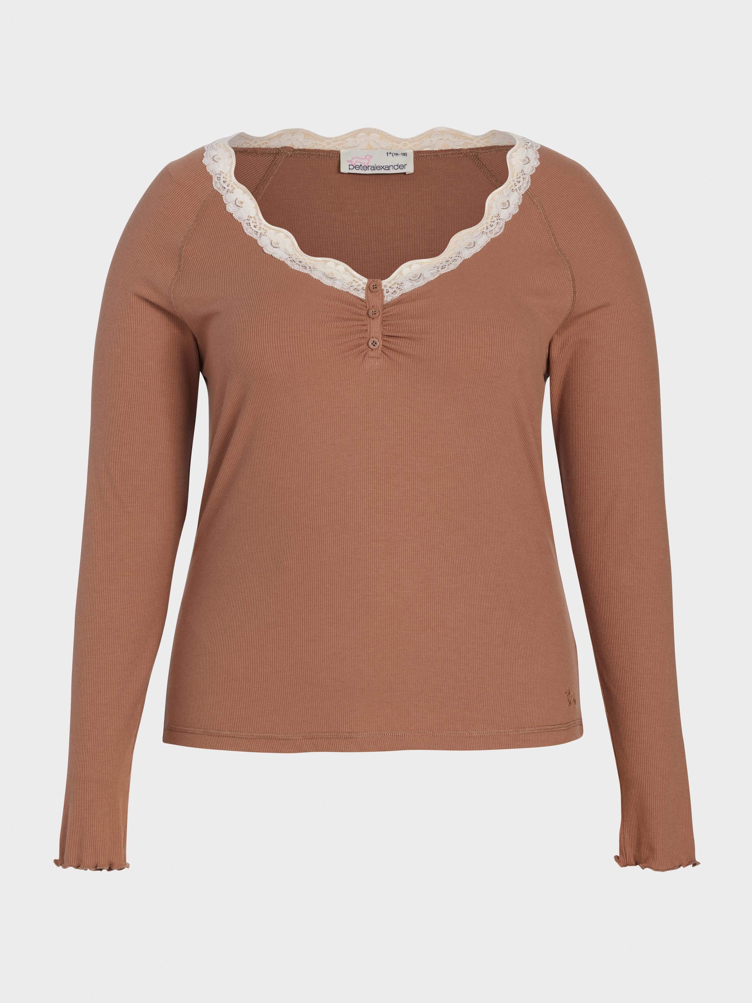 Image for P.A. Plus Brown Lace Trim Bamboo Rib Henley Long Sleeve Top from Peter Alexander