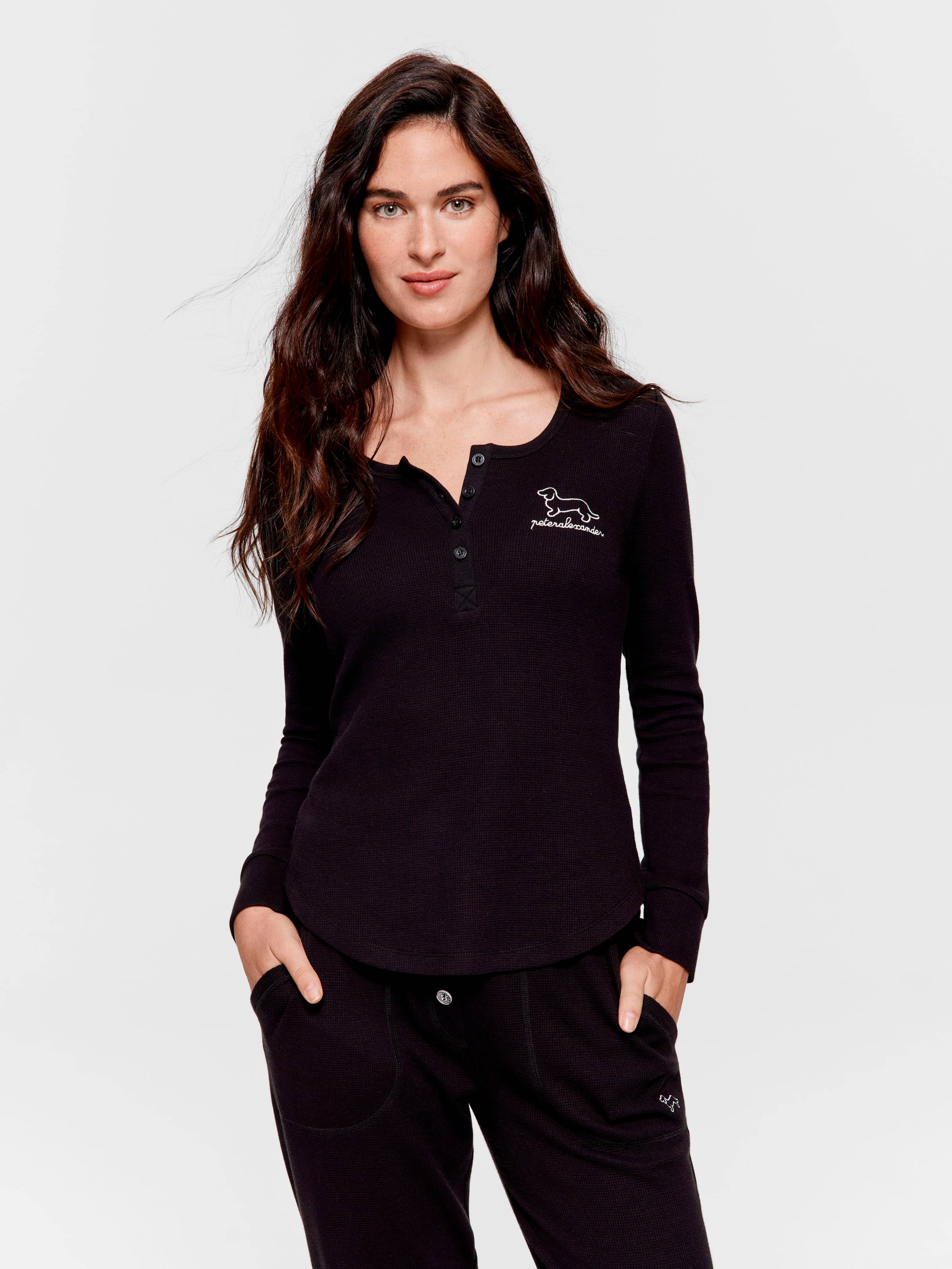 Black Waffle Henley Long Sleeve Top