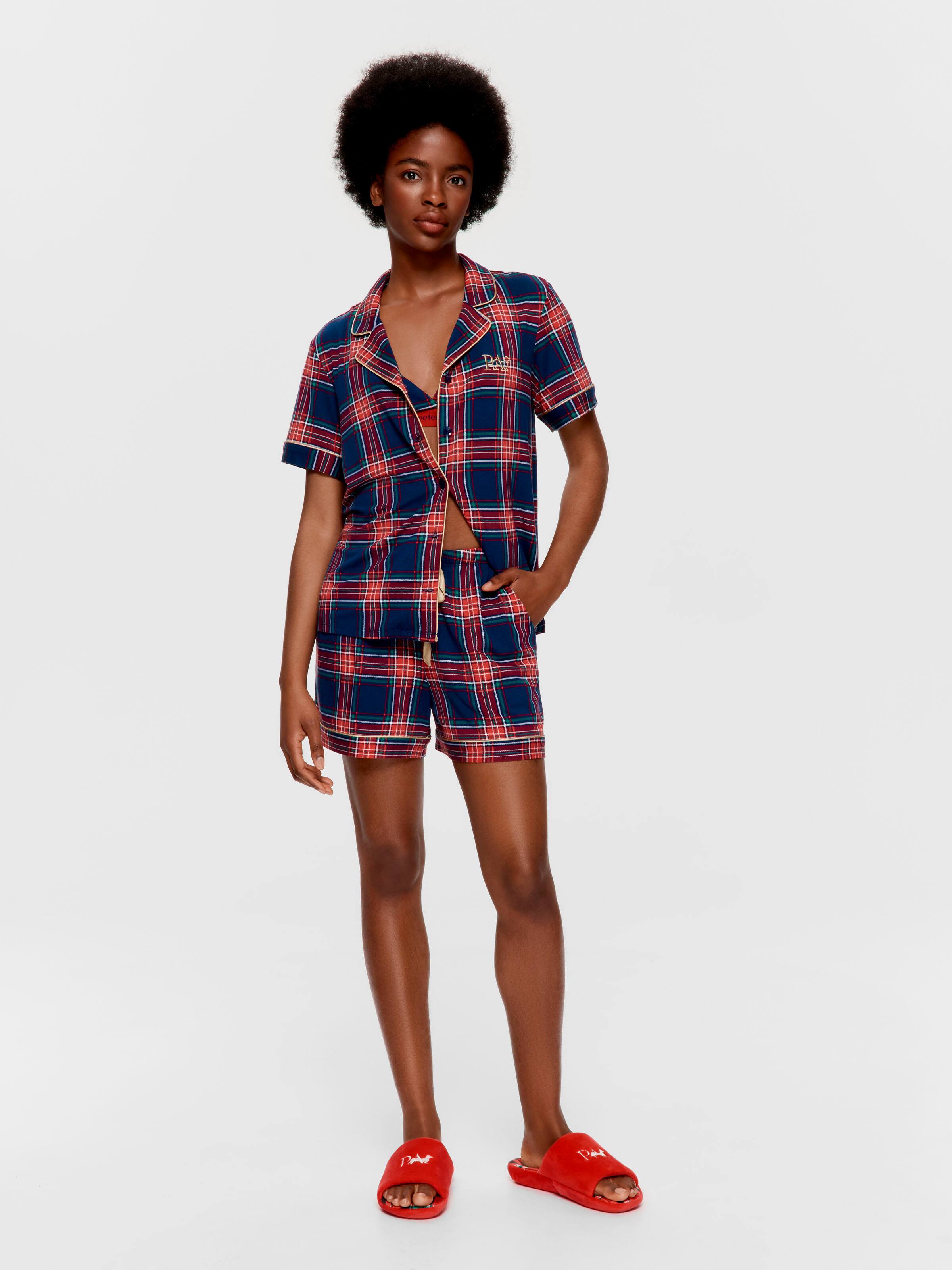 Navy Tartan Bamboo Blend Shortie Pj Set