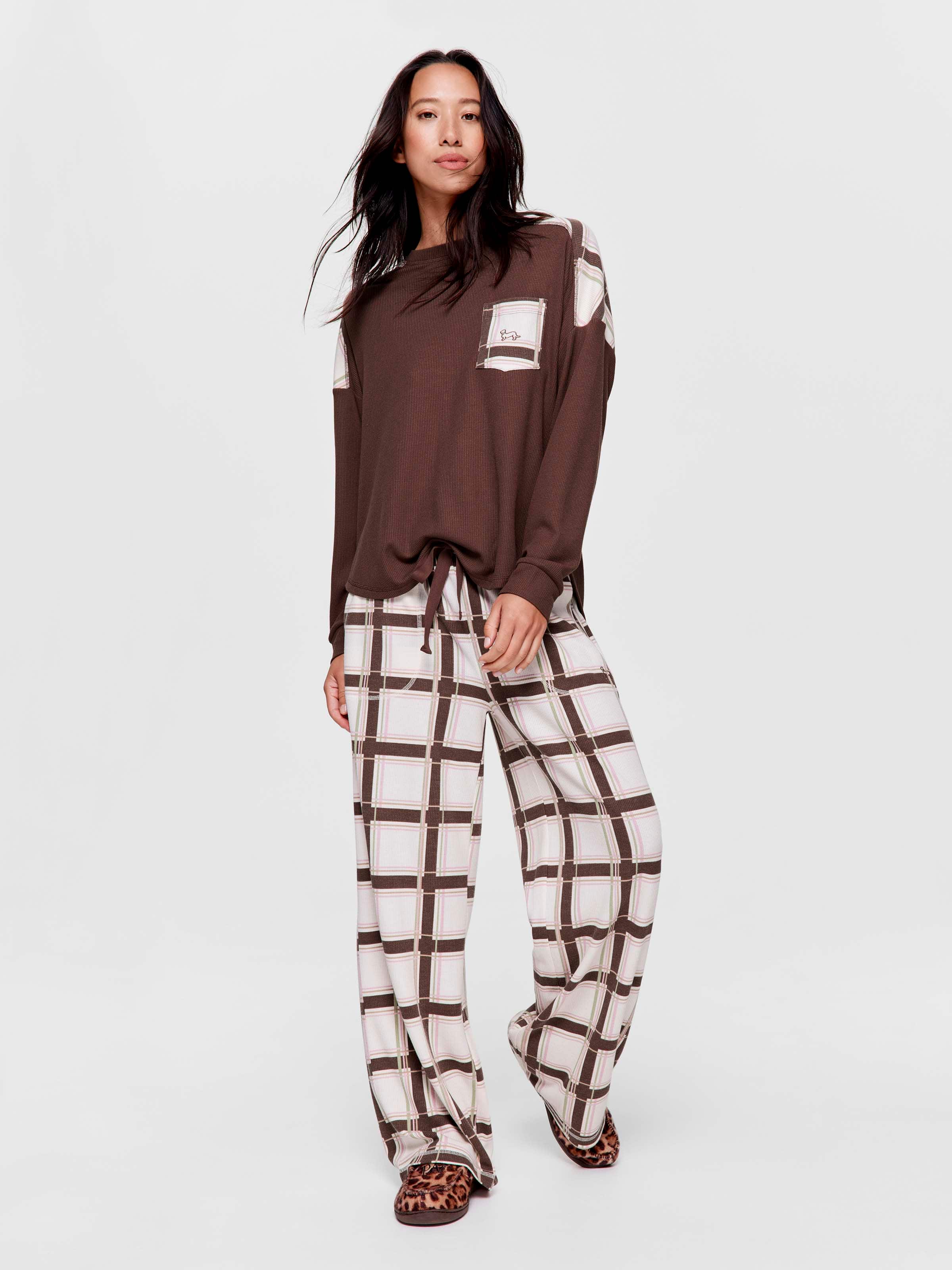 Grandpa Check Waffle Long Sleeve Top