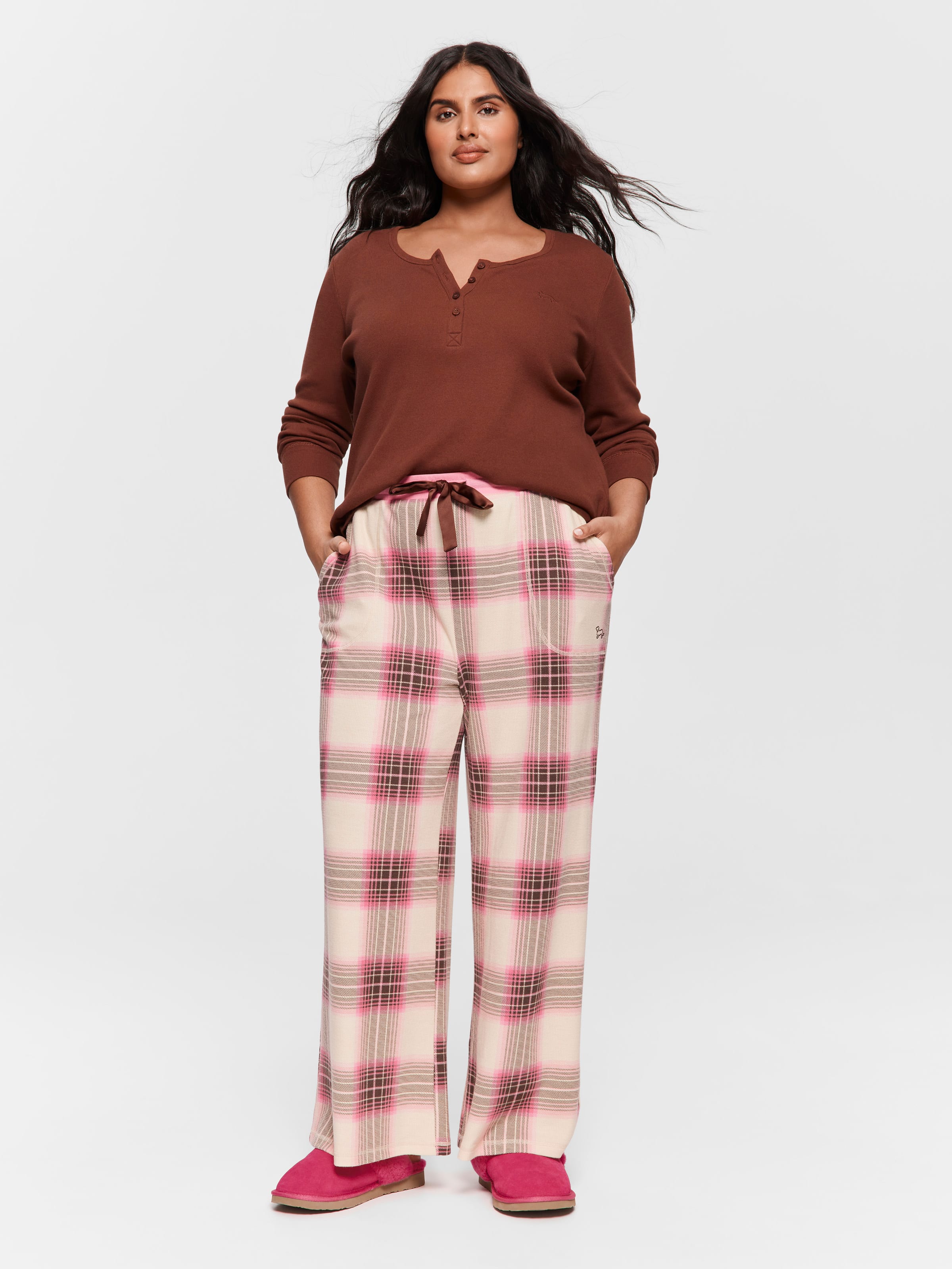 Image for P.A. Plus Pink &amp; Brown Waffle Check Wide Leg Pj Pant from Peter Alexander