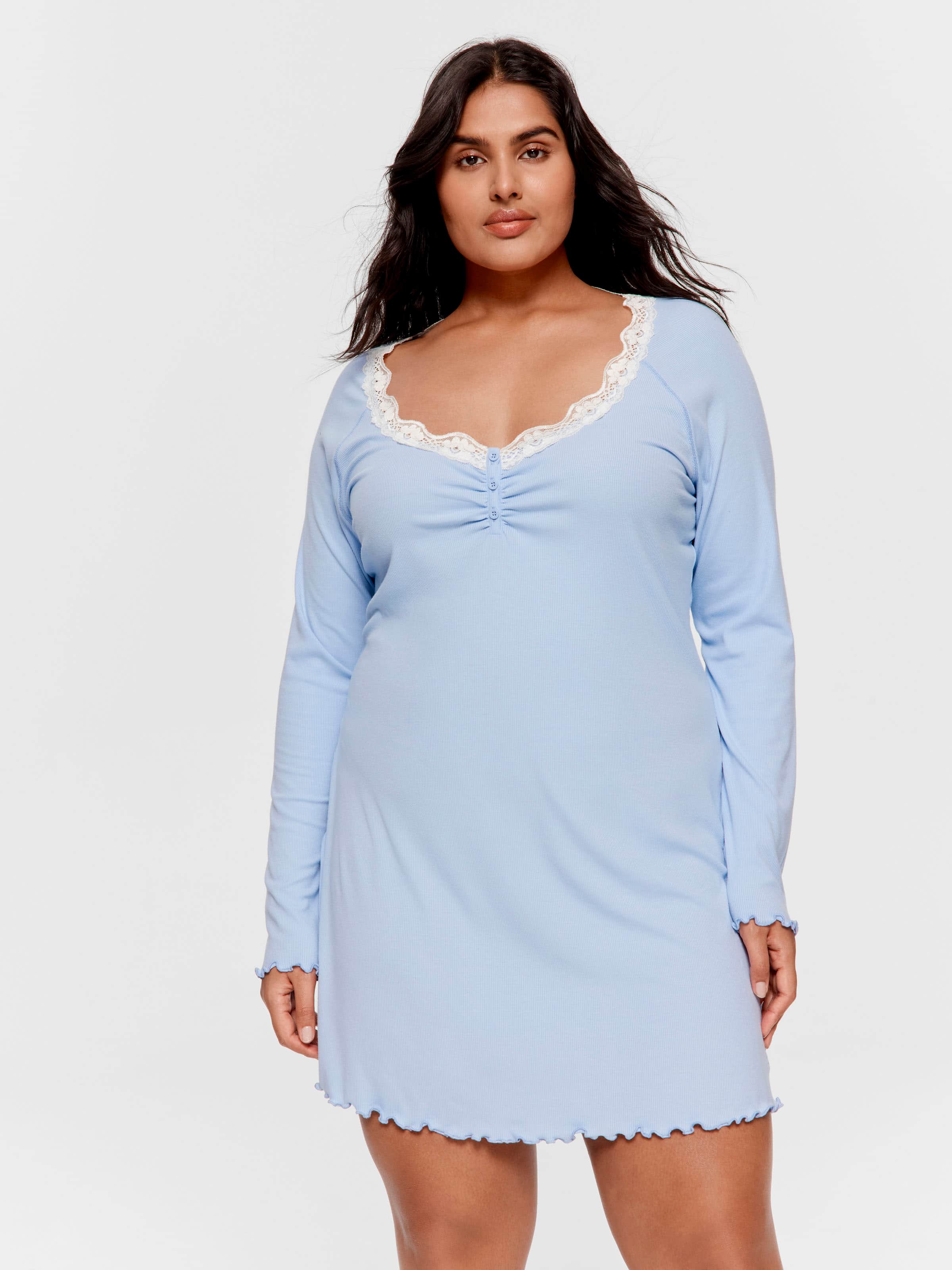 P.A. Plus Bamboo Rib Long Sleeve Lace Trim Nightie