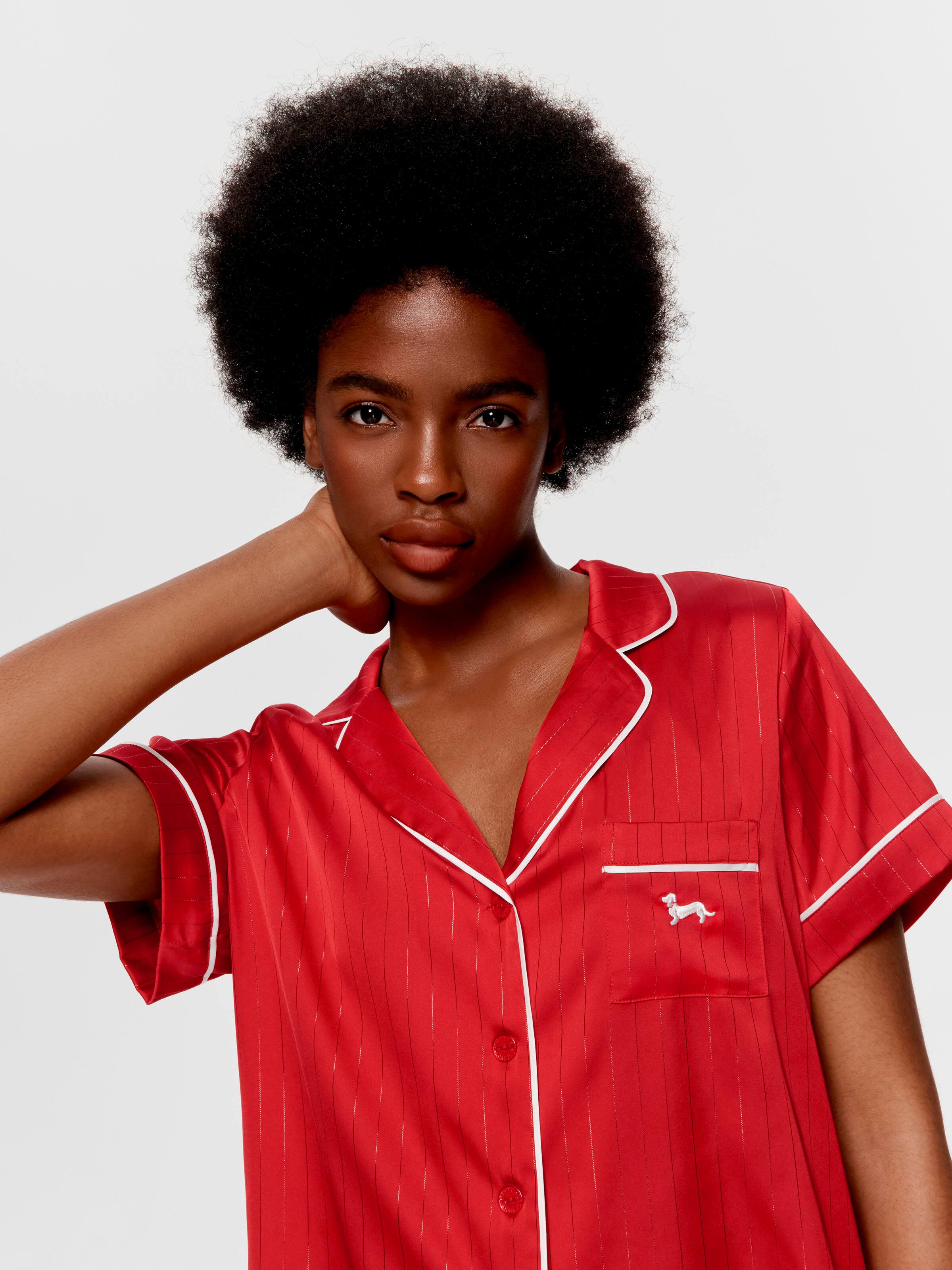 Red Lurex Satin Short Sleeve Shirt