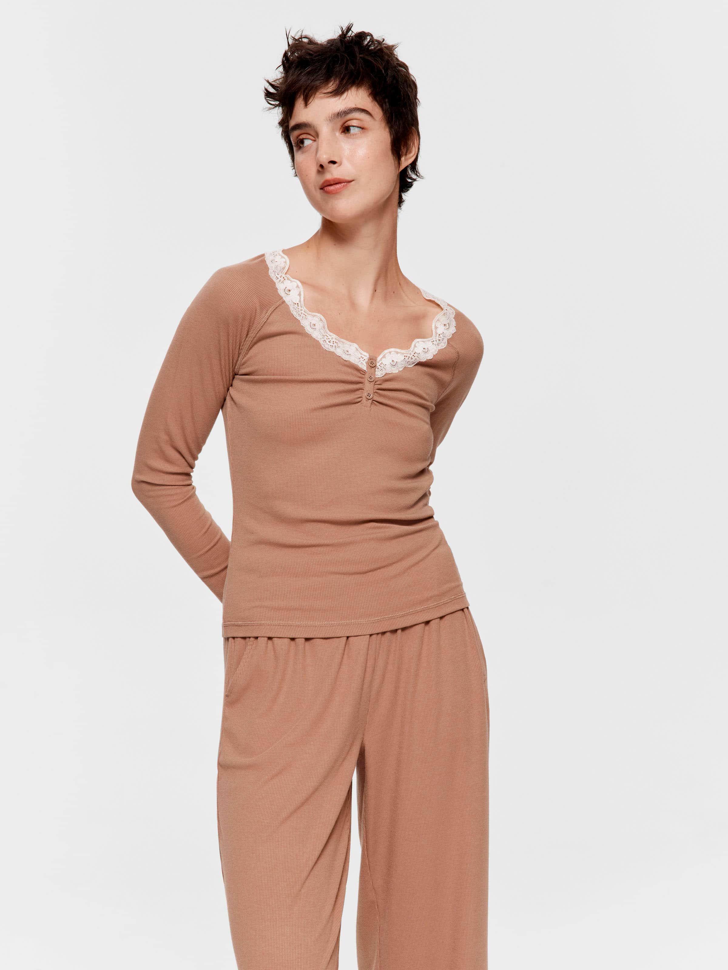 Brown Lace Trim Bamboo Rib Henley Long Sleeve Top