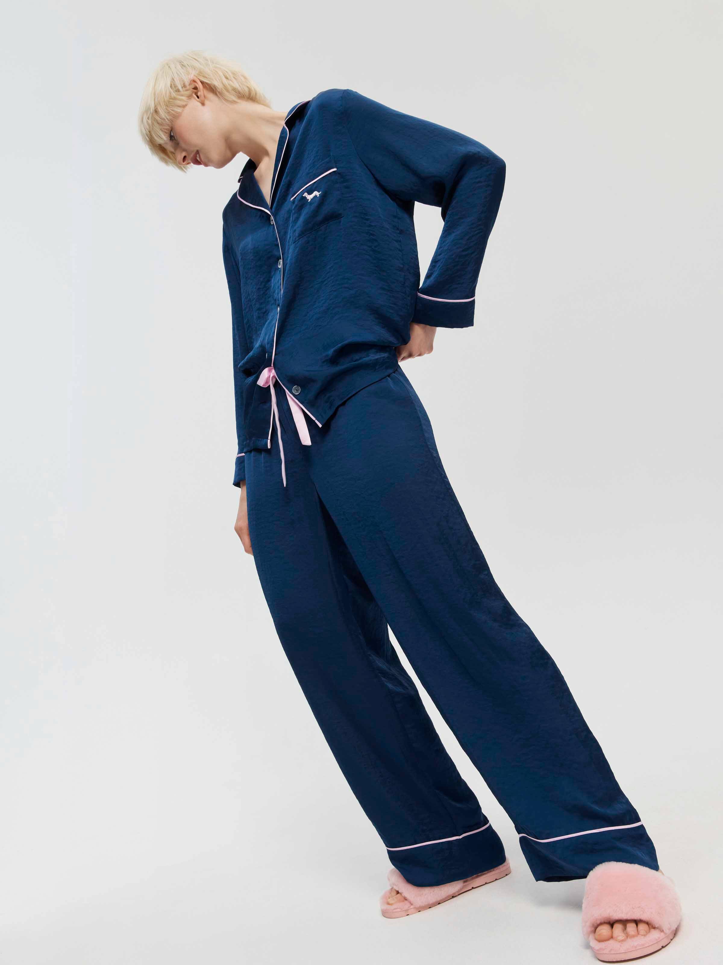 Long Navy Chic Satin Pj Set