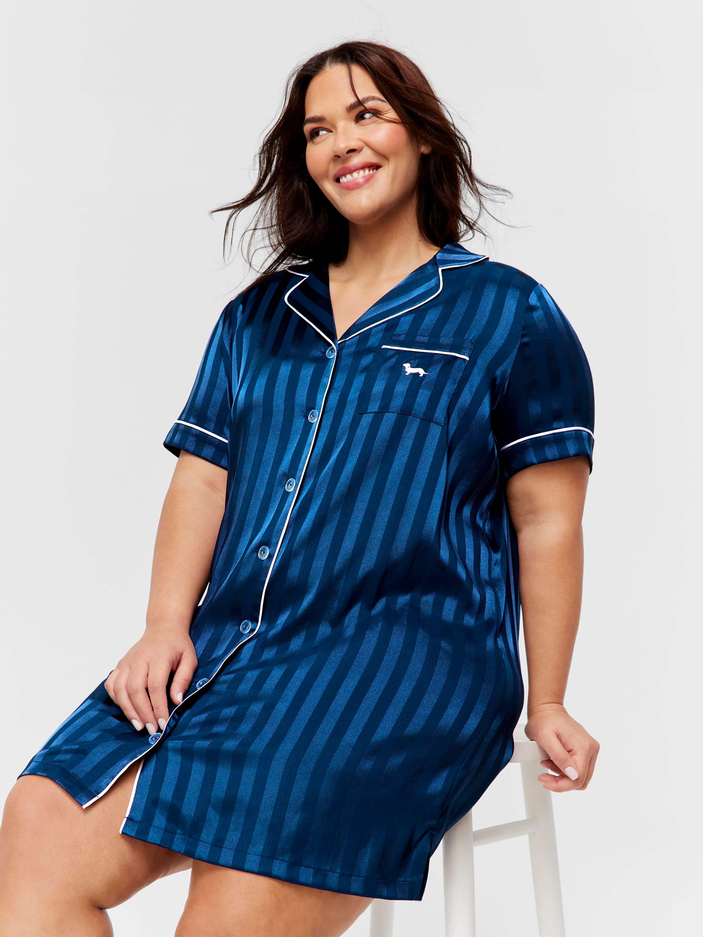 Image for P.A. Plus Navy Stripe Short Sleeve Satin Nightshirt from Peter Alexander