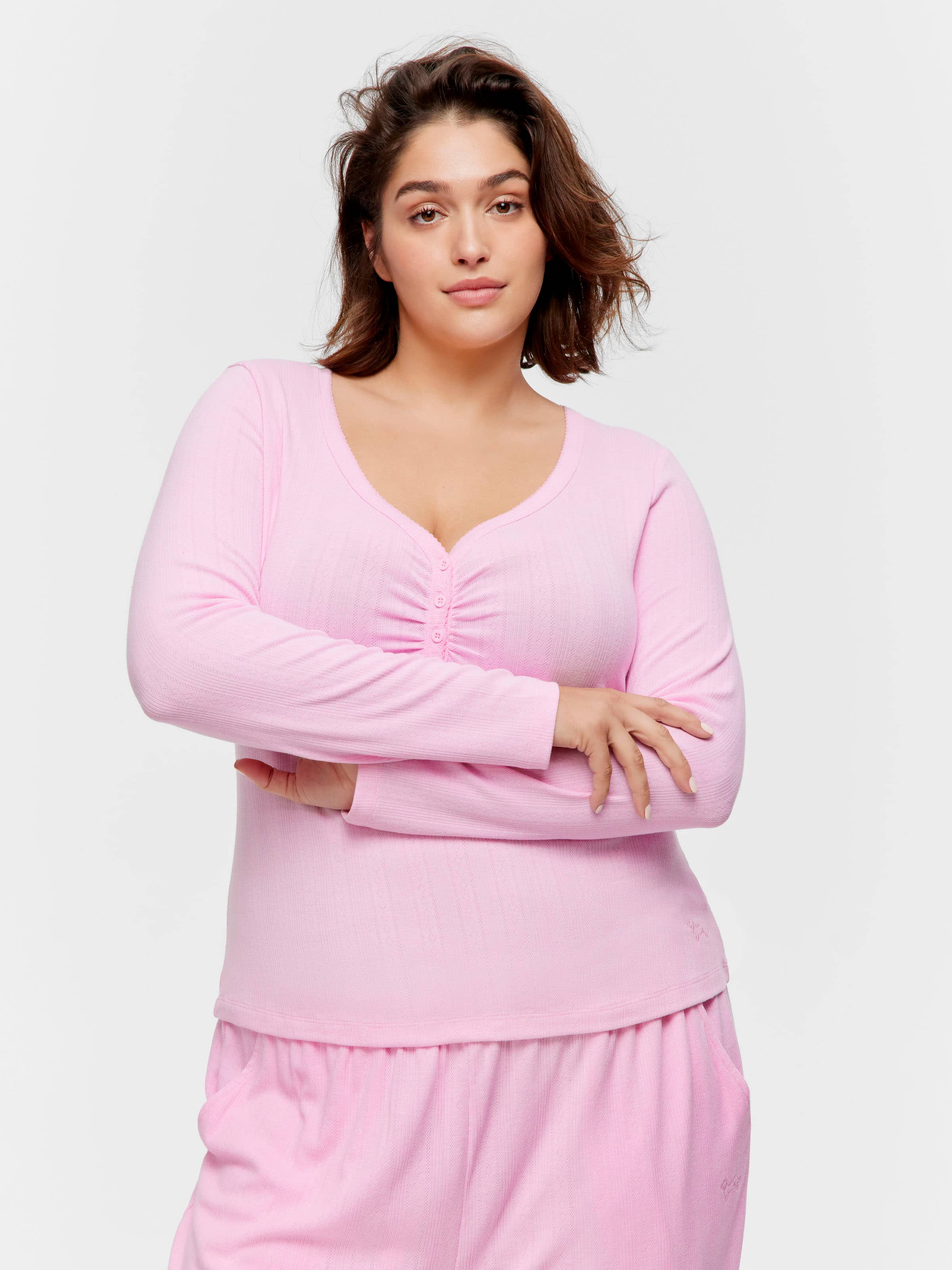 P.A. Plus Pink Marle Pointelle Henley Long Sleeve Top