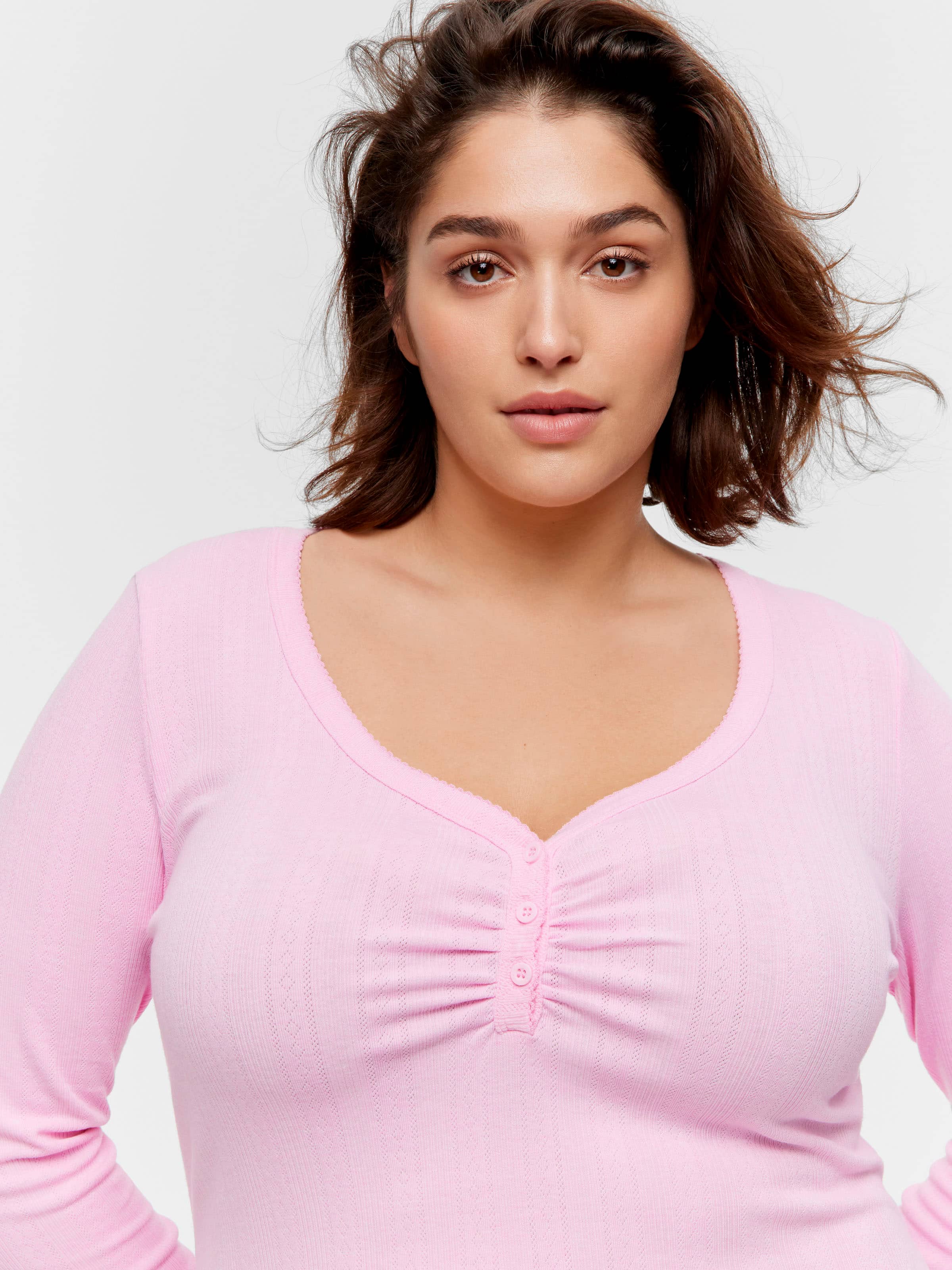 P.A. Plus Pink Marle Pointelle Henley Long Sleeve Top