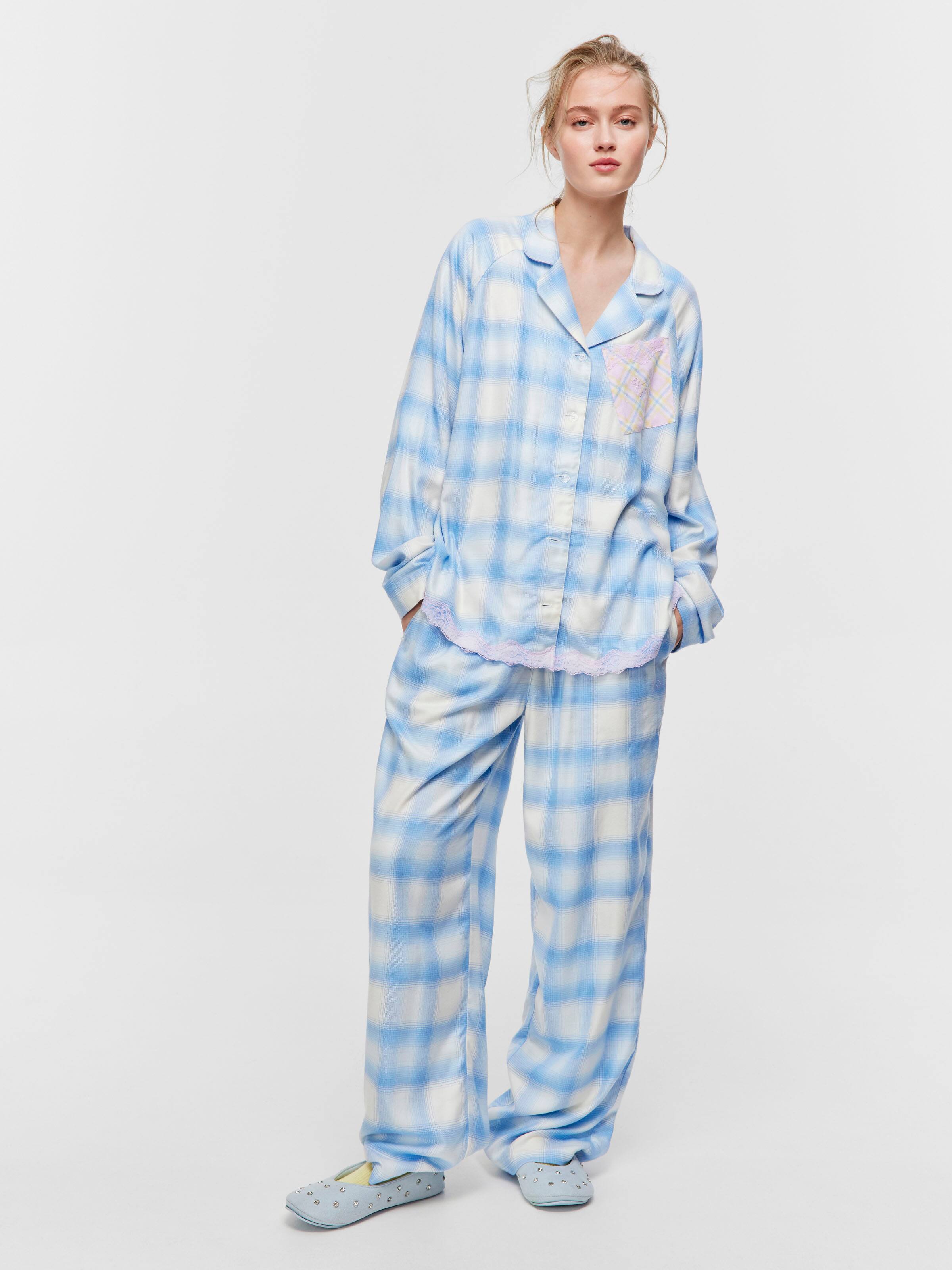 Soft Blue Contrast Check Viscose Flannelette Long Sleeve Shirt