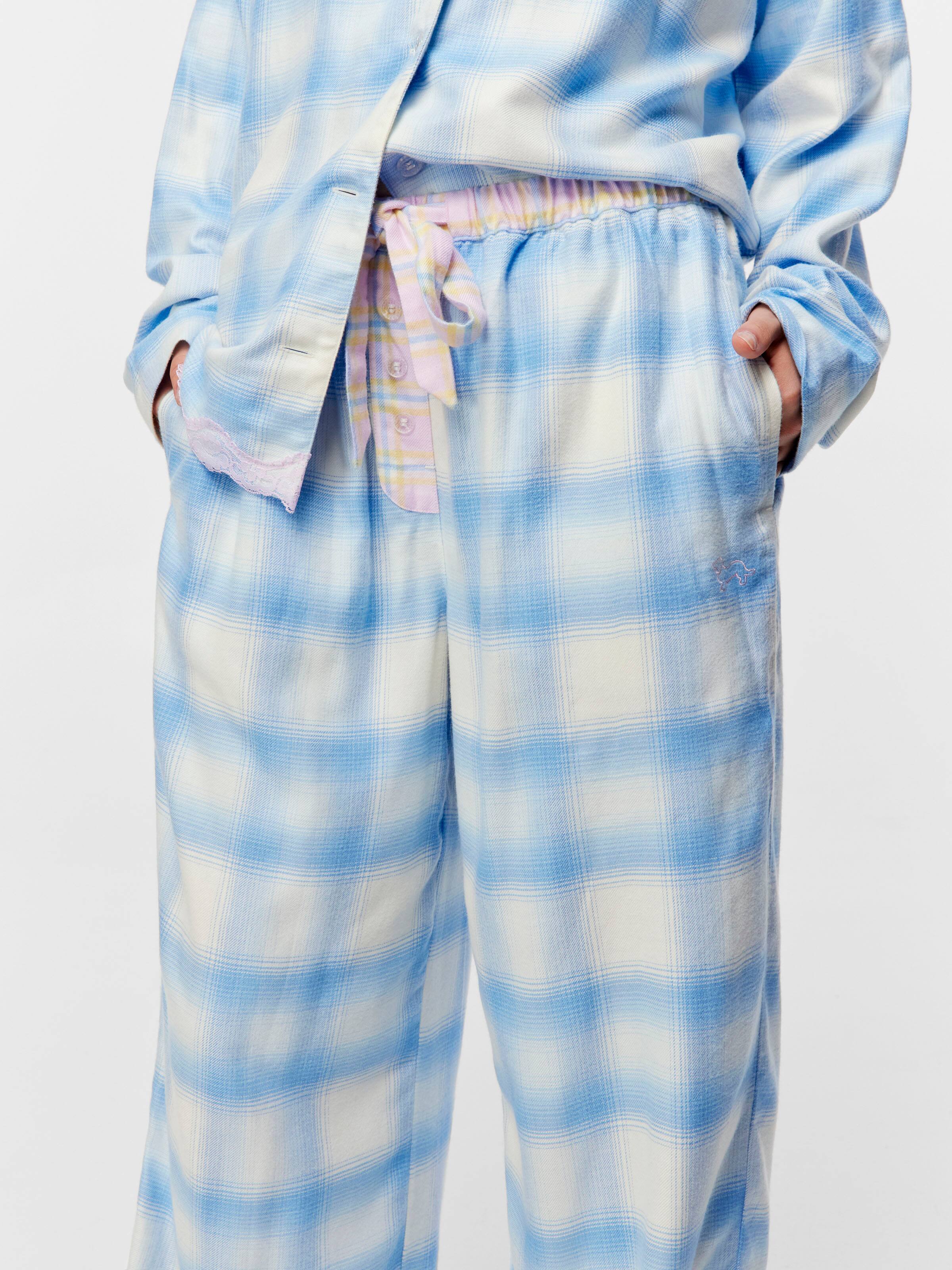 Soft Blue Contrast Check Viscose Flannelette Classic Pj Pant