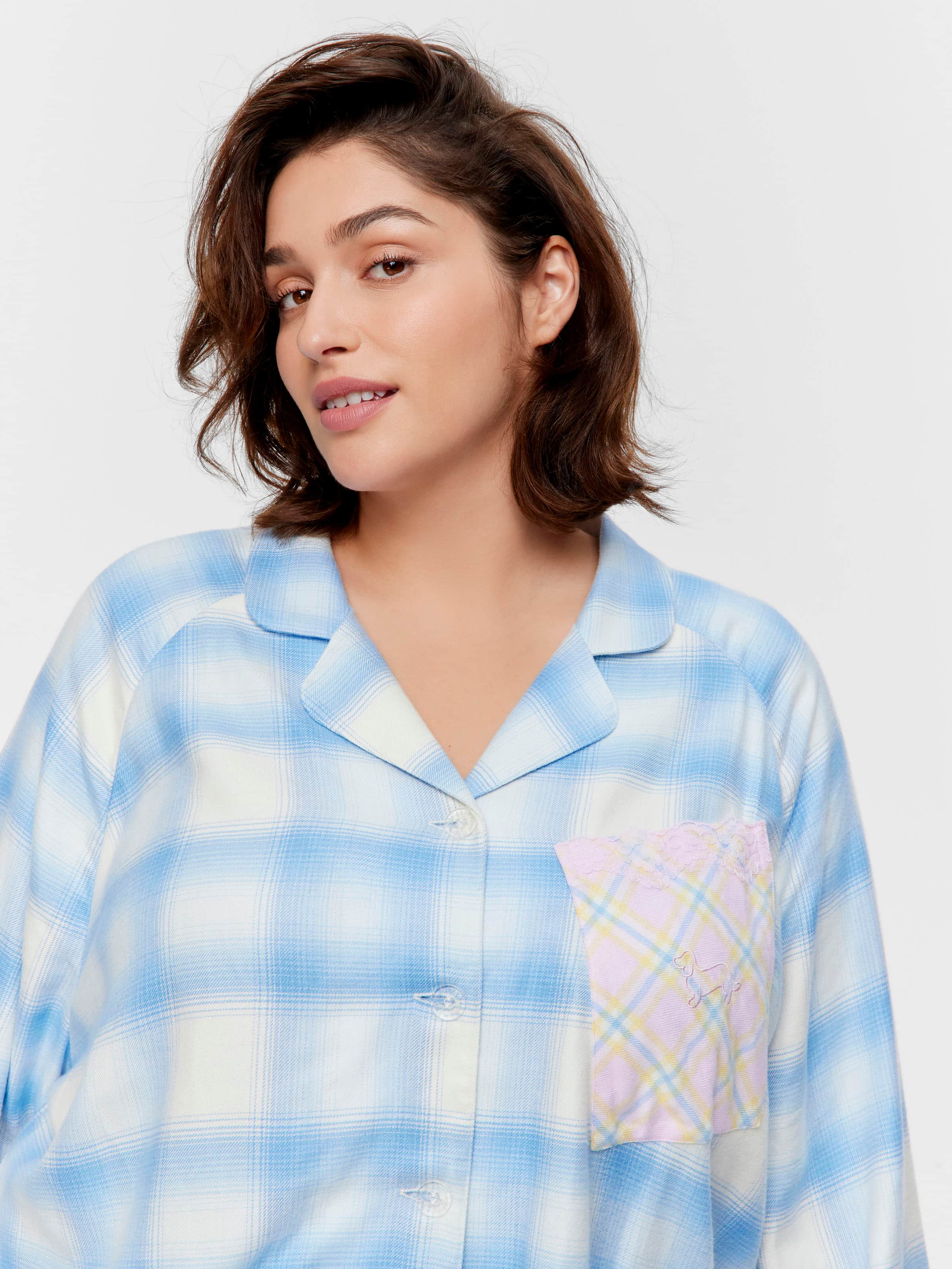 P.A. Plus Soft Blue Contrast Check Viscose Flannelette Long Sleeve Shirt