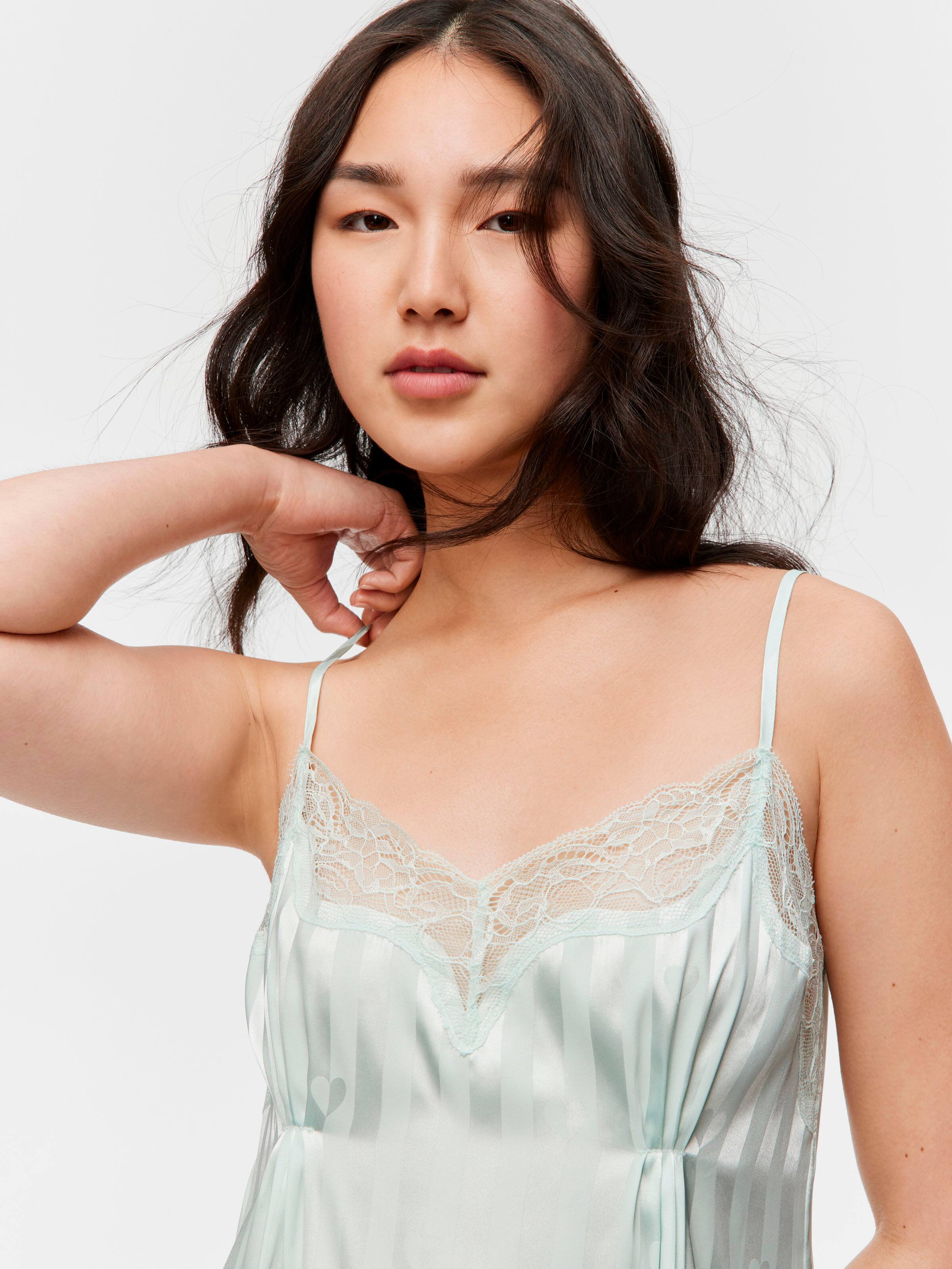 Mint Stripe Heart Satin Lace Slip