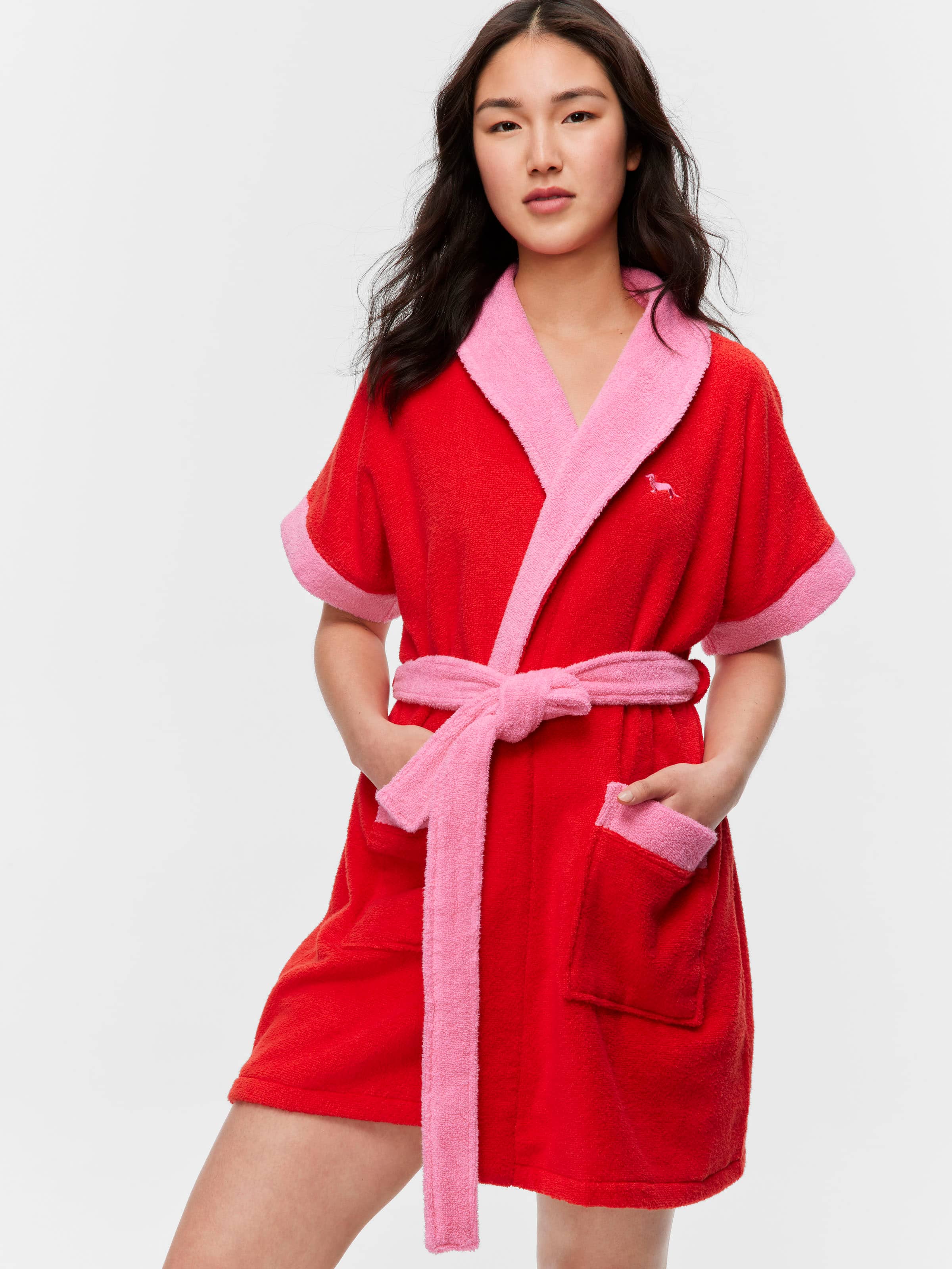 Red & Pink 100% Cotton Towelling Gown