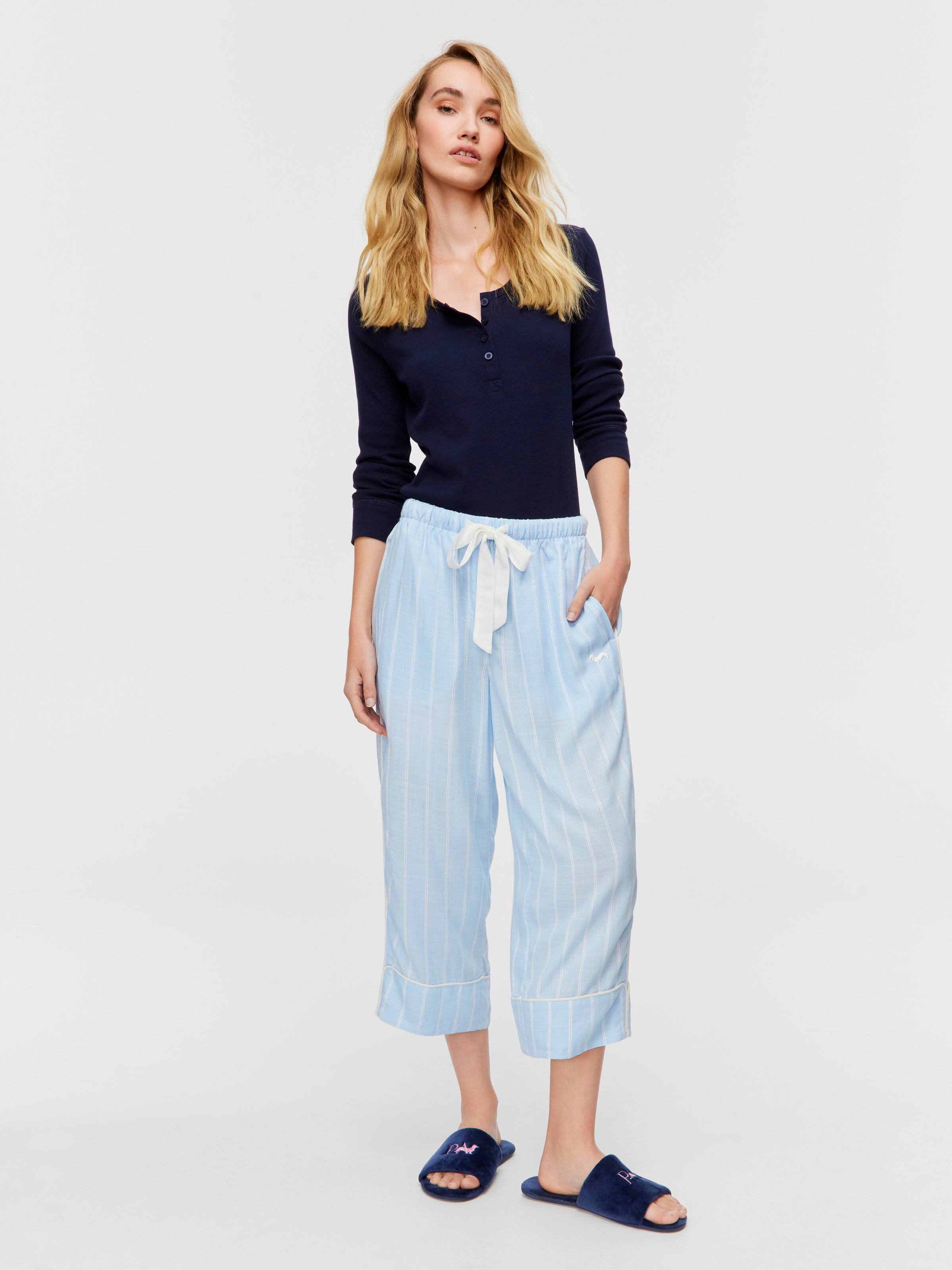 Light Blue Stripe 100% Textured Viscose 3/4 Pj Pant