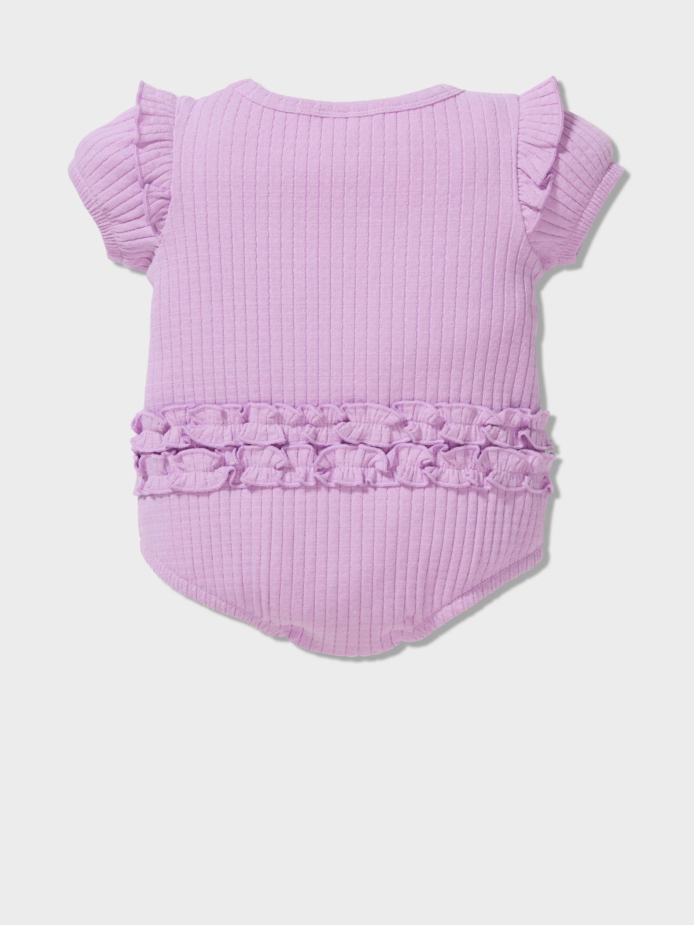 Image for Baby Purple Frill Ribbed Romper from Peter Alexander