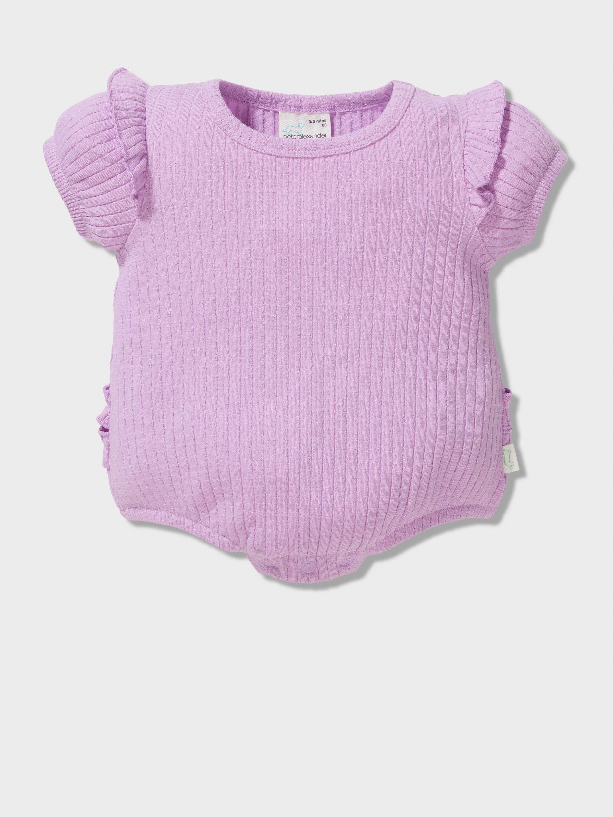 Image for Baby Purple Frill Ribbed Romper from Peter Alexander