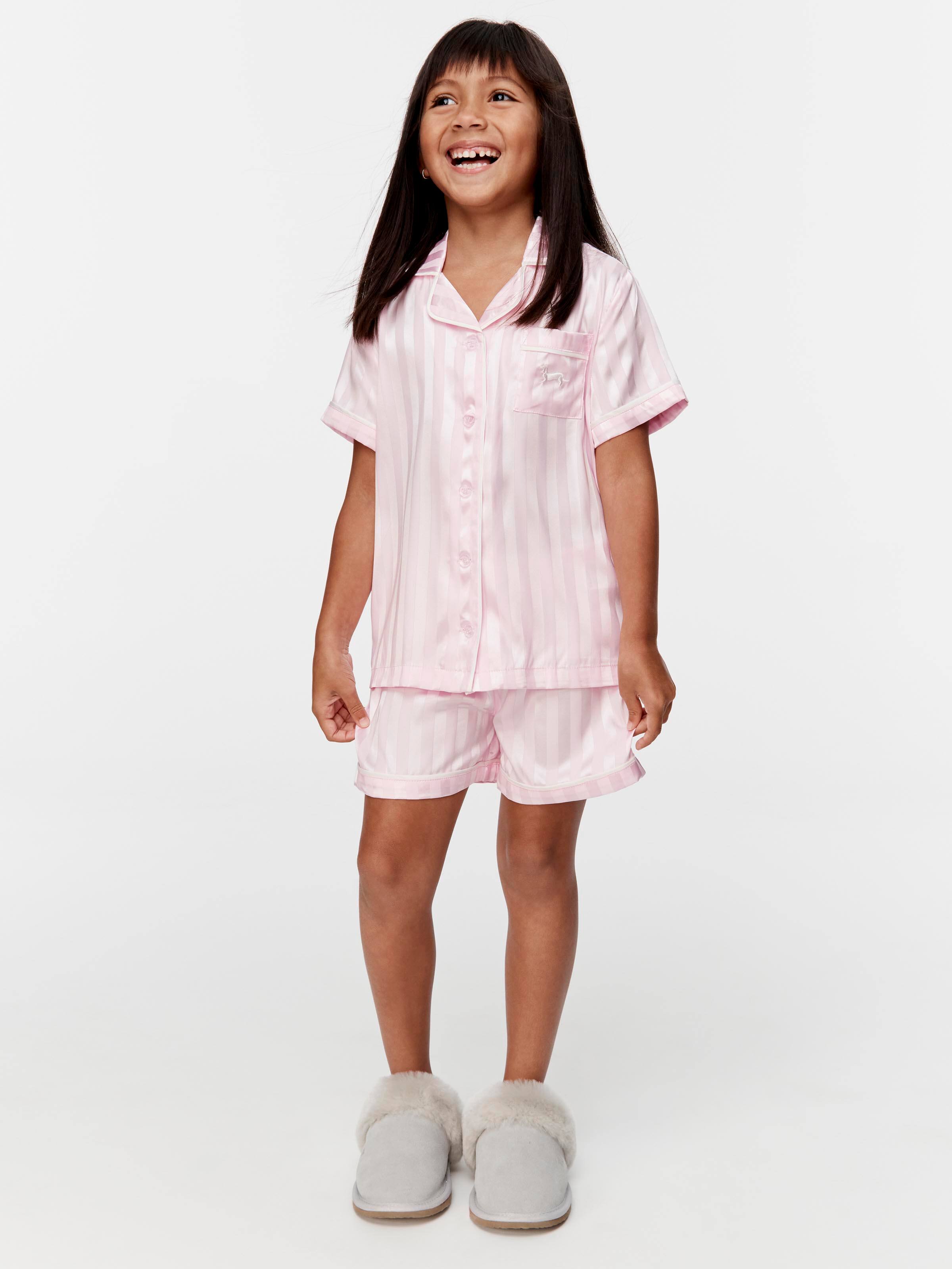 Jnr Girls Pink Stripe Classic Satin Shortie Pj Set