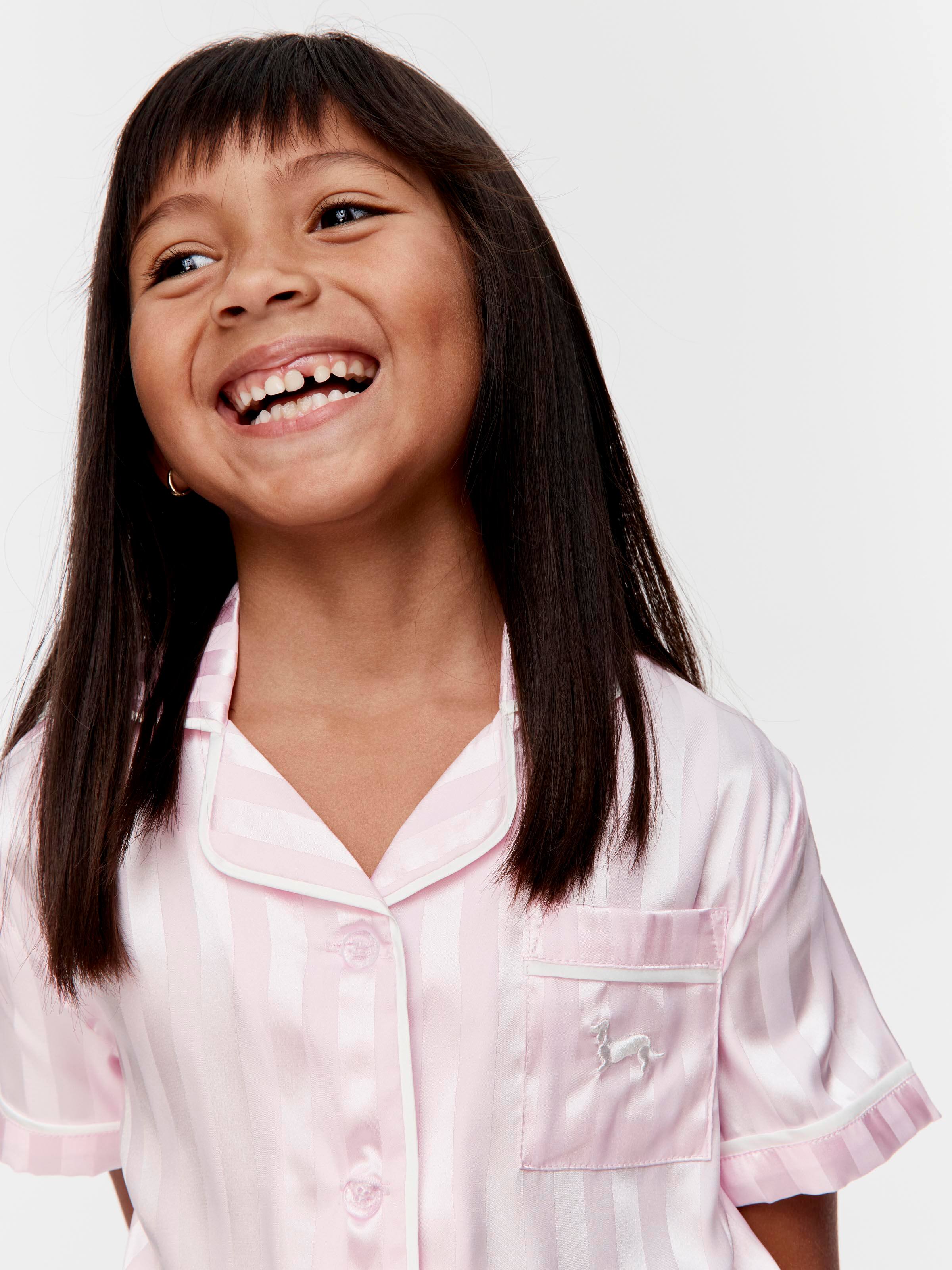 Jnr Girls Pink Stripe Classic Satin Shortie Pj Set