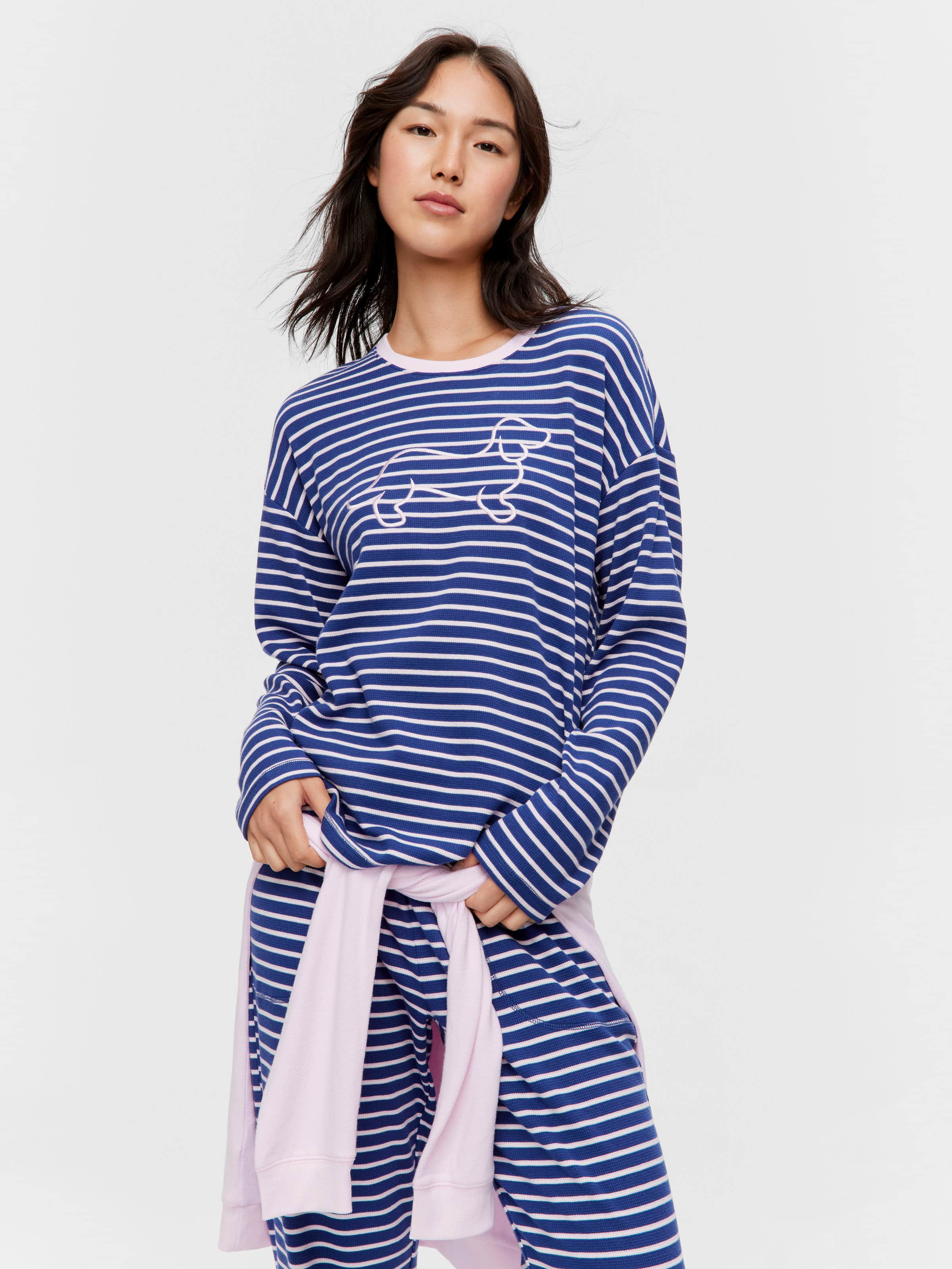 Image for Navy Waffle Stripe Long Sleeve Top from Peter Alexander