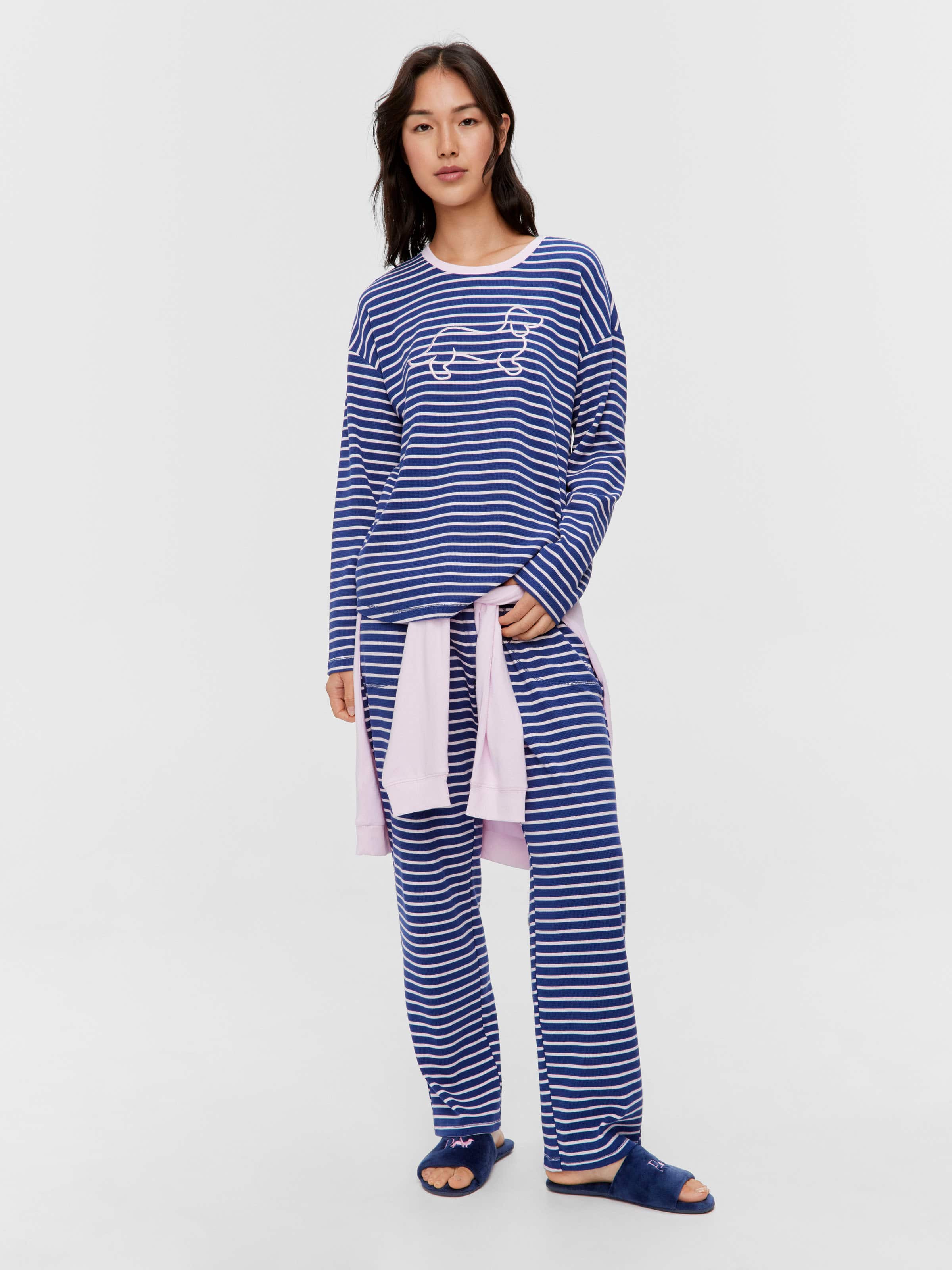 Navy Waffle Stripe Long Sleeve Top