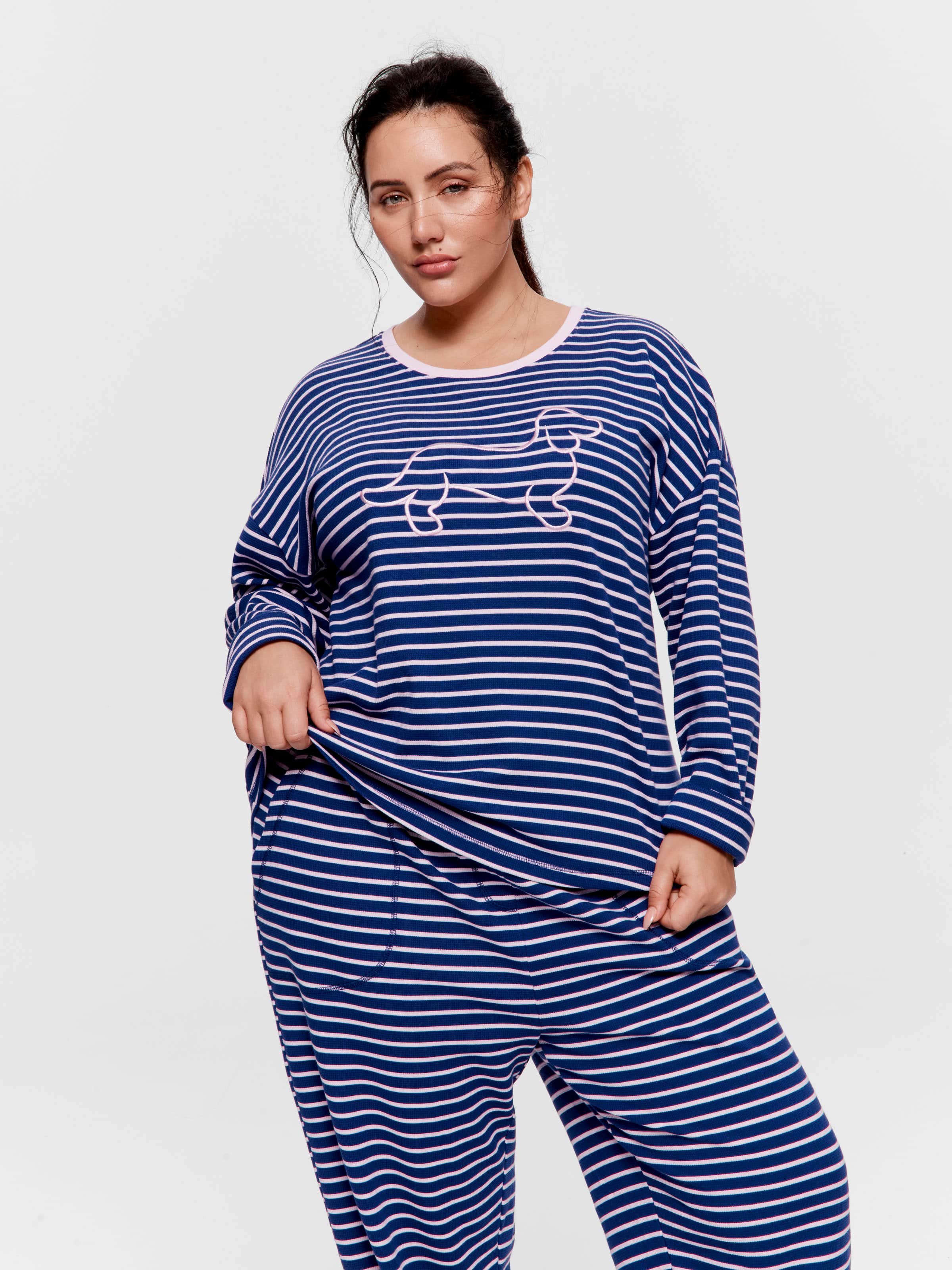 P.A. Plus Navy Waffle Stripe Long Sleeve Top