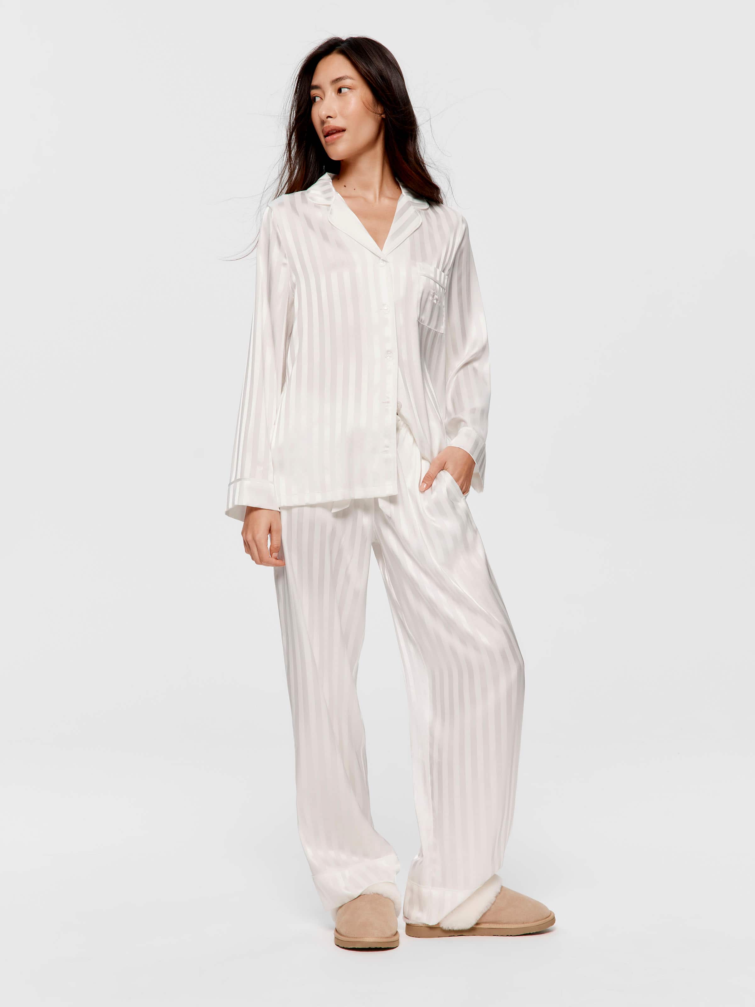 Image for White Stripe Chic Satin Long Sleeve Pj Set from Peter Alexander