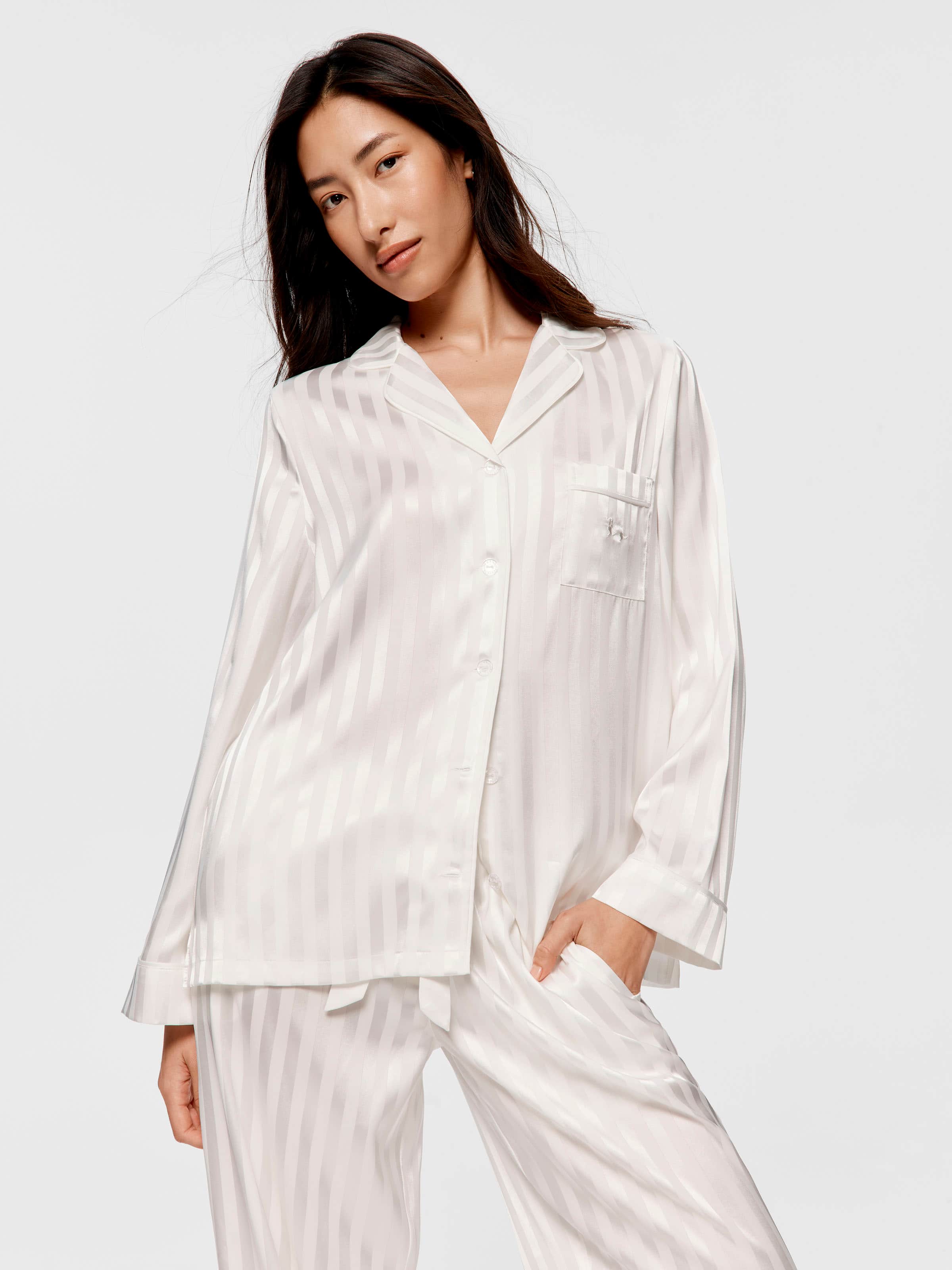 Image for White Stripe Chic Satin Long Sleeve Pj Set from Peter Alexander