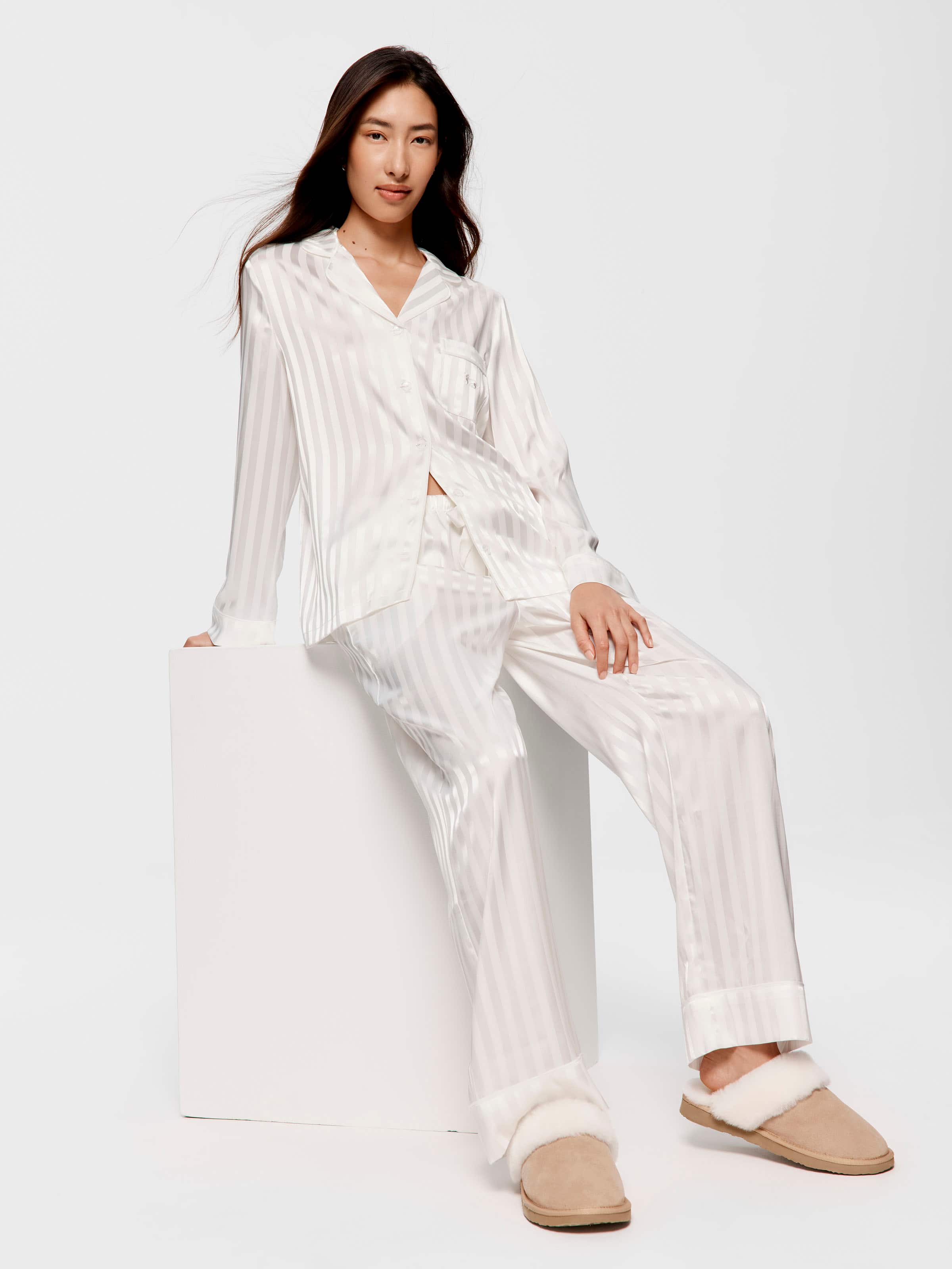 Image for White Stripe Chic Satin Long Sleeve Pj Set from Peter Alexander