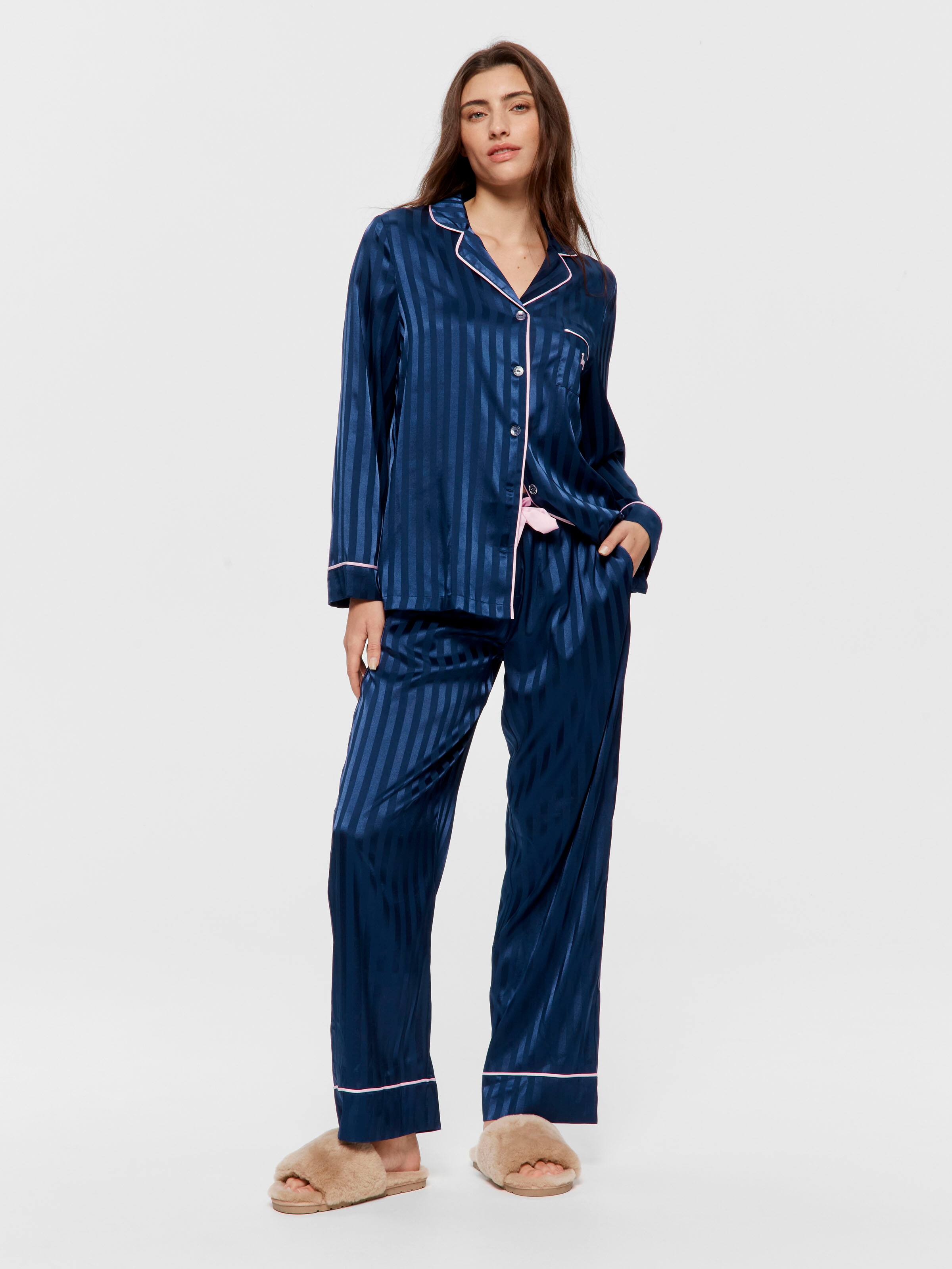 Navy Stripe Chic Satin Long Sleeve Pj Set