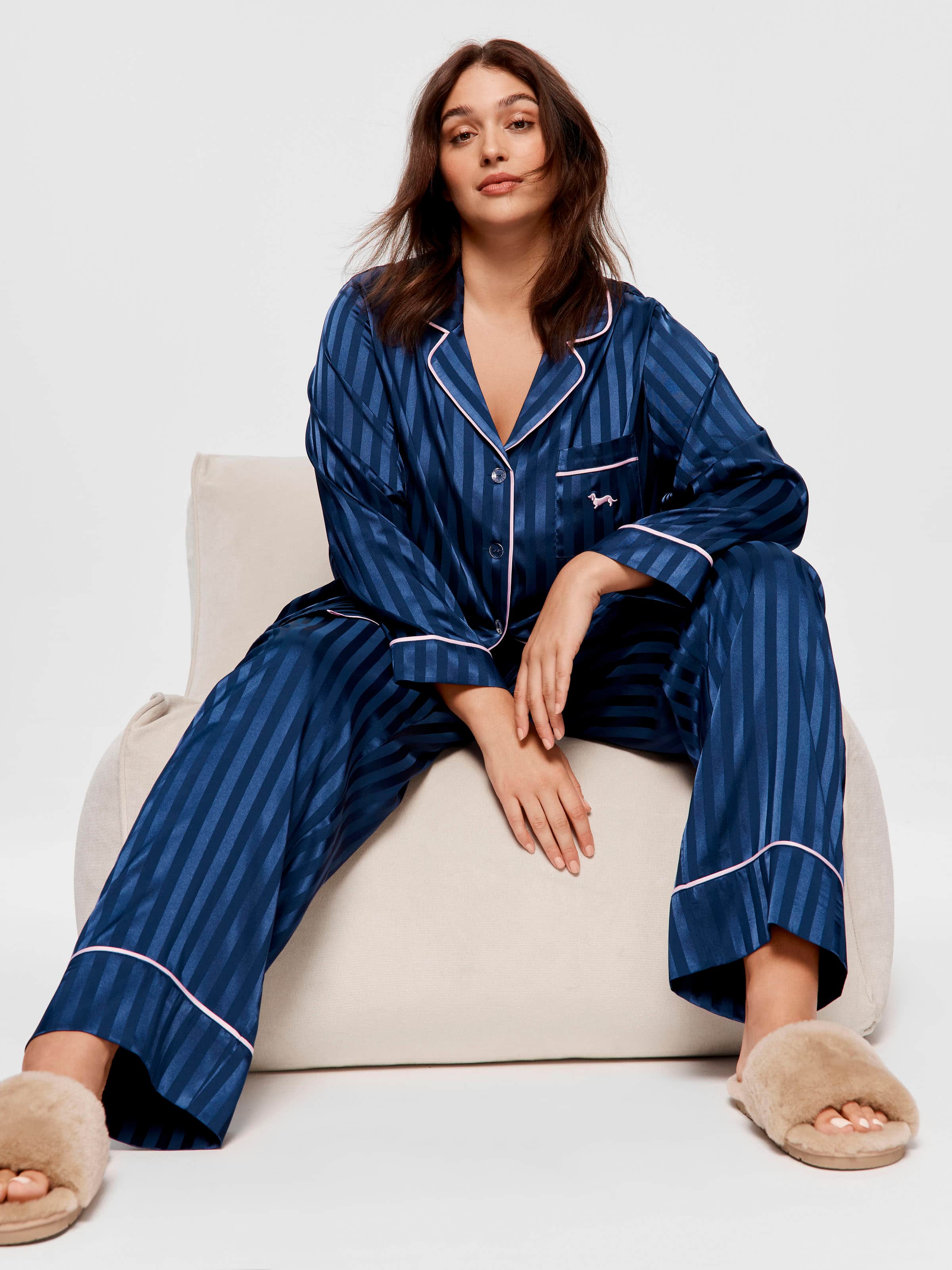 Image for P.A. Plus Navy Stripe Chic Satin Long Sleeve Pj Set from Peter Alexander