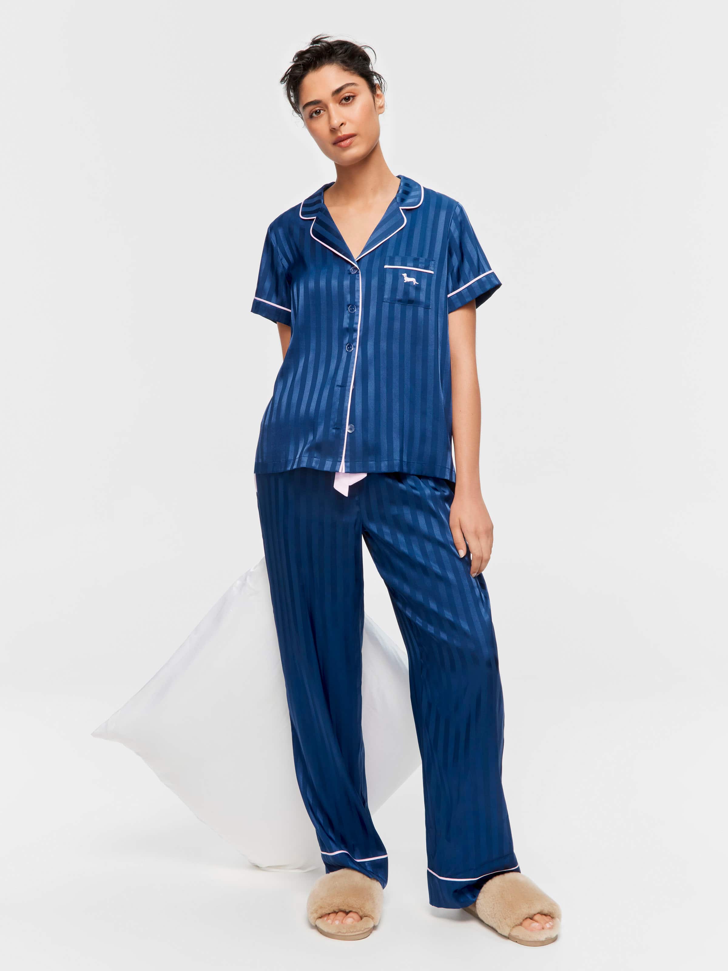 Navy Stripe Chic Satin Short Sleeve & Pant Pj Set