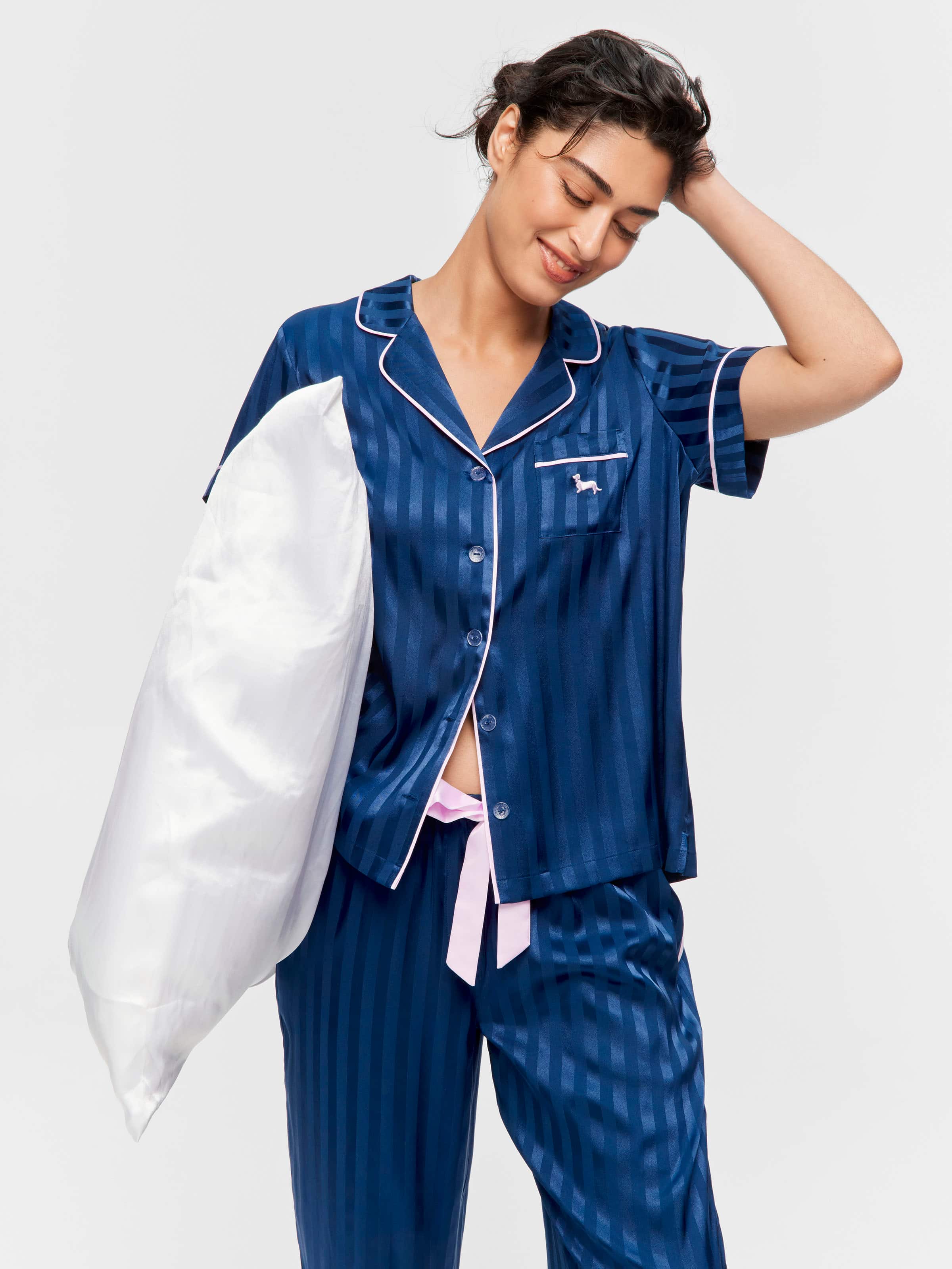 Navy Stripe Chic Satin Short Sleeve & Pant Pj Set