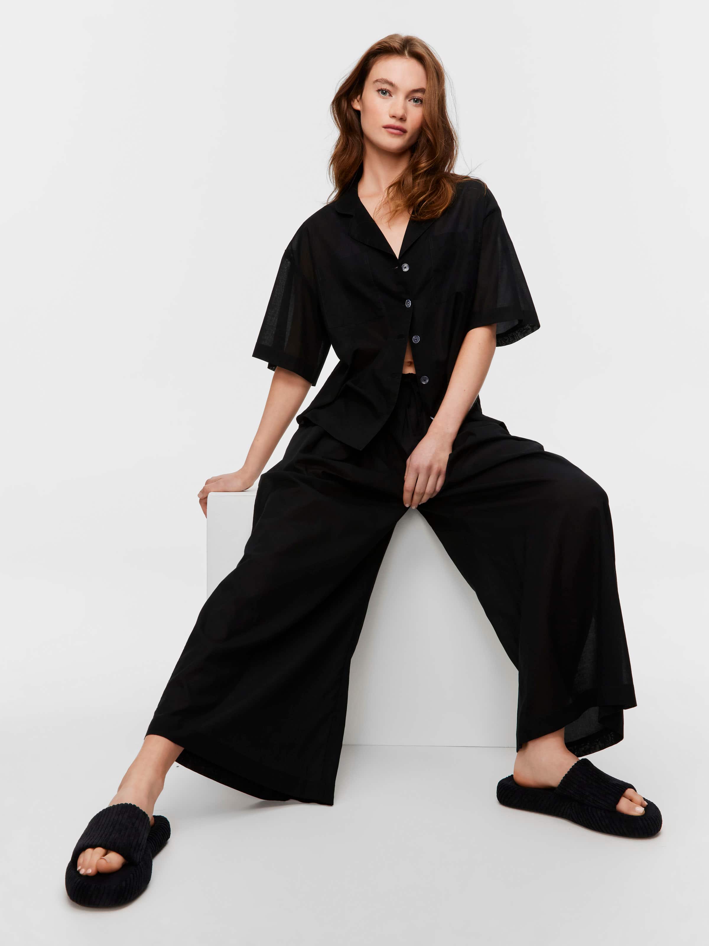 Black 100% Cotton Wide Leg Pj Pant