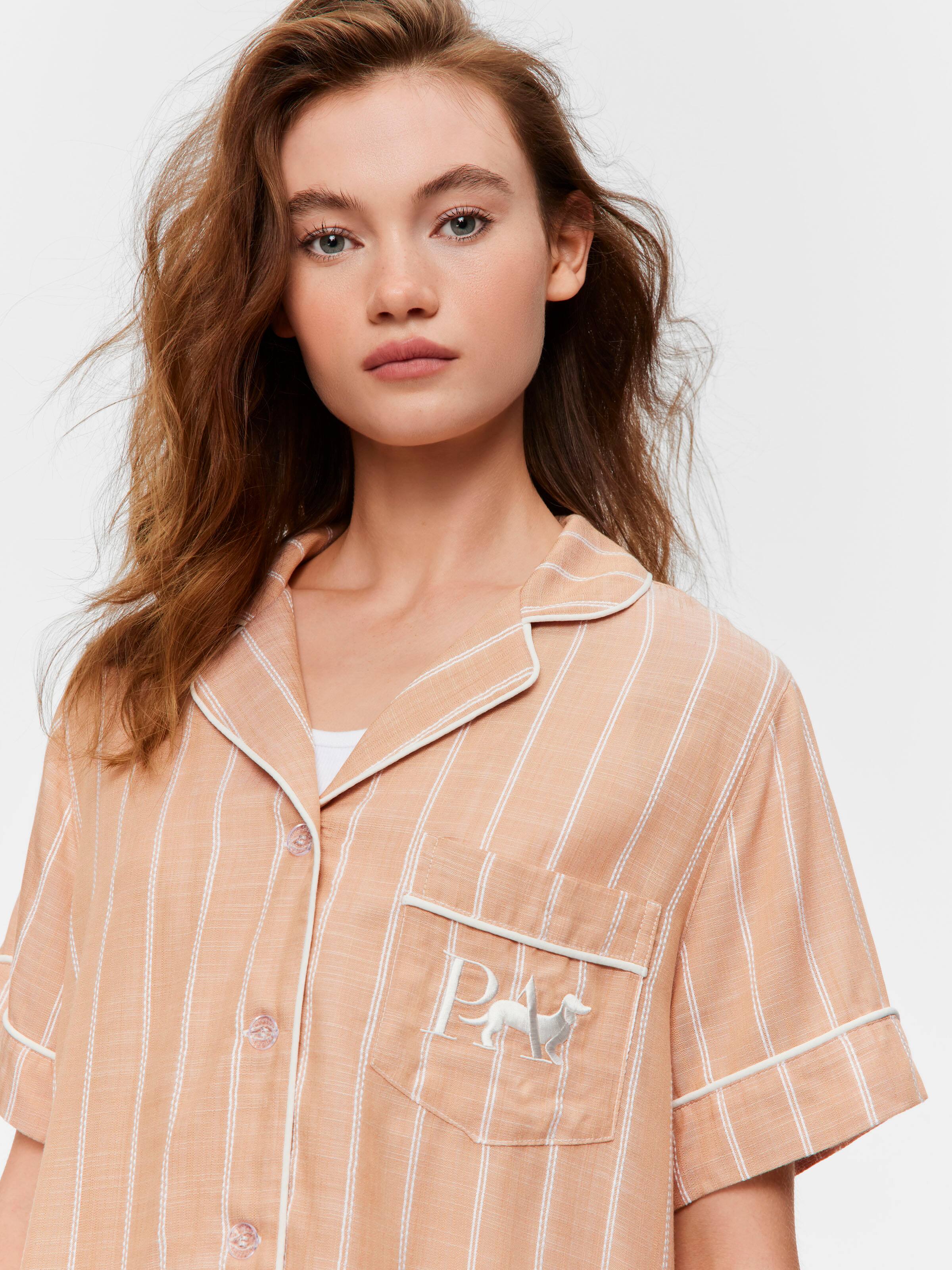 Chocolate Stripe 100% Textured Viscose Short Sleeve Shirt