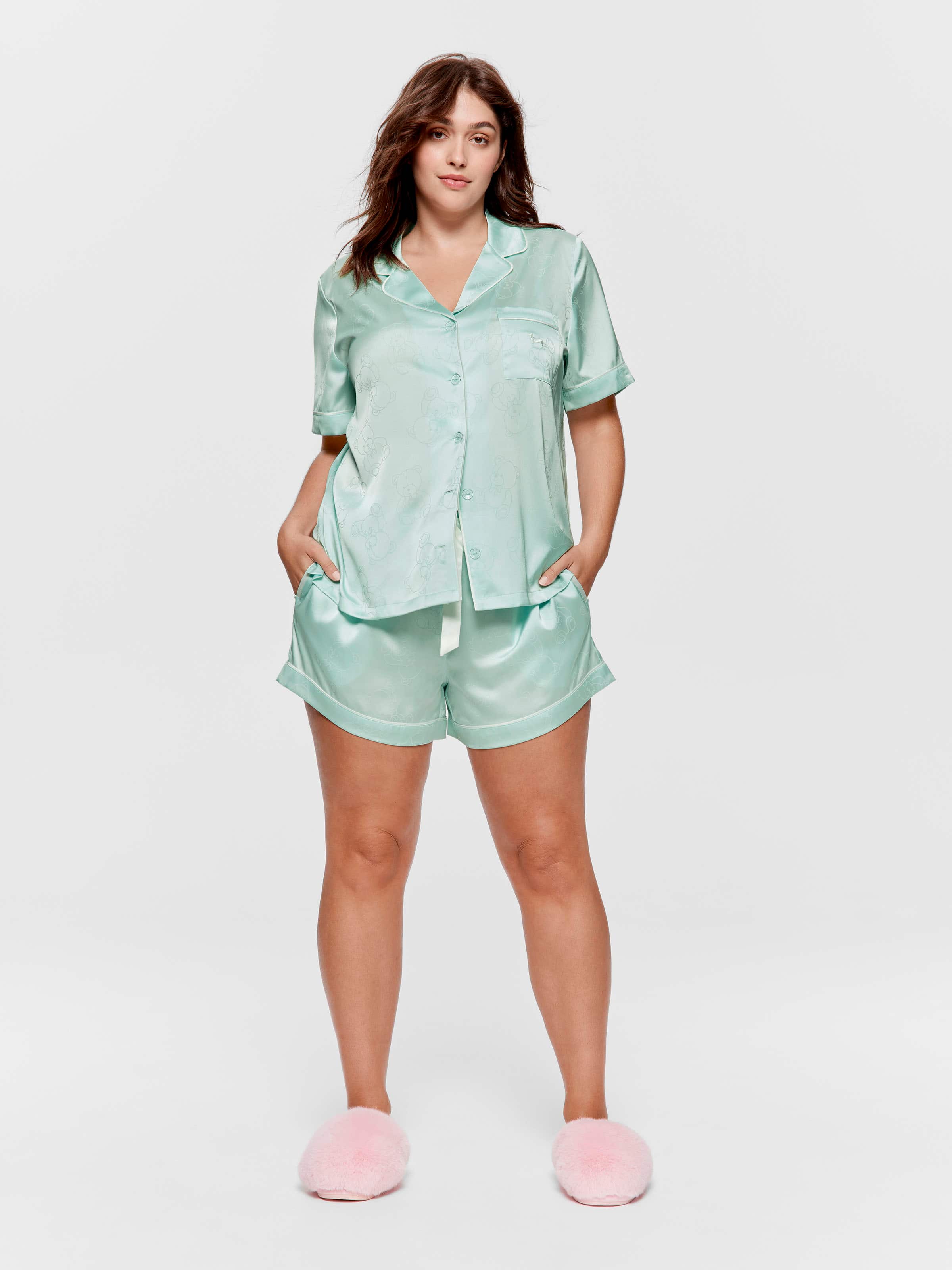 Image for P.A. Plus Mint Teddy Bears Chic Satin Shortie Pj Set from Peter Alexander