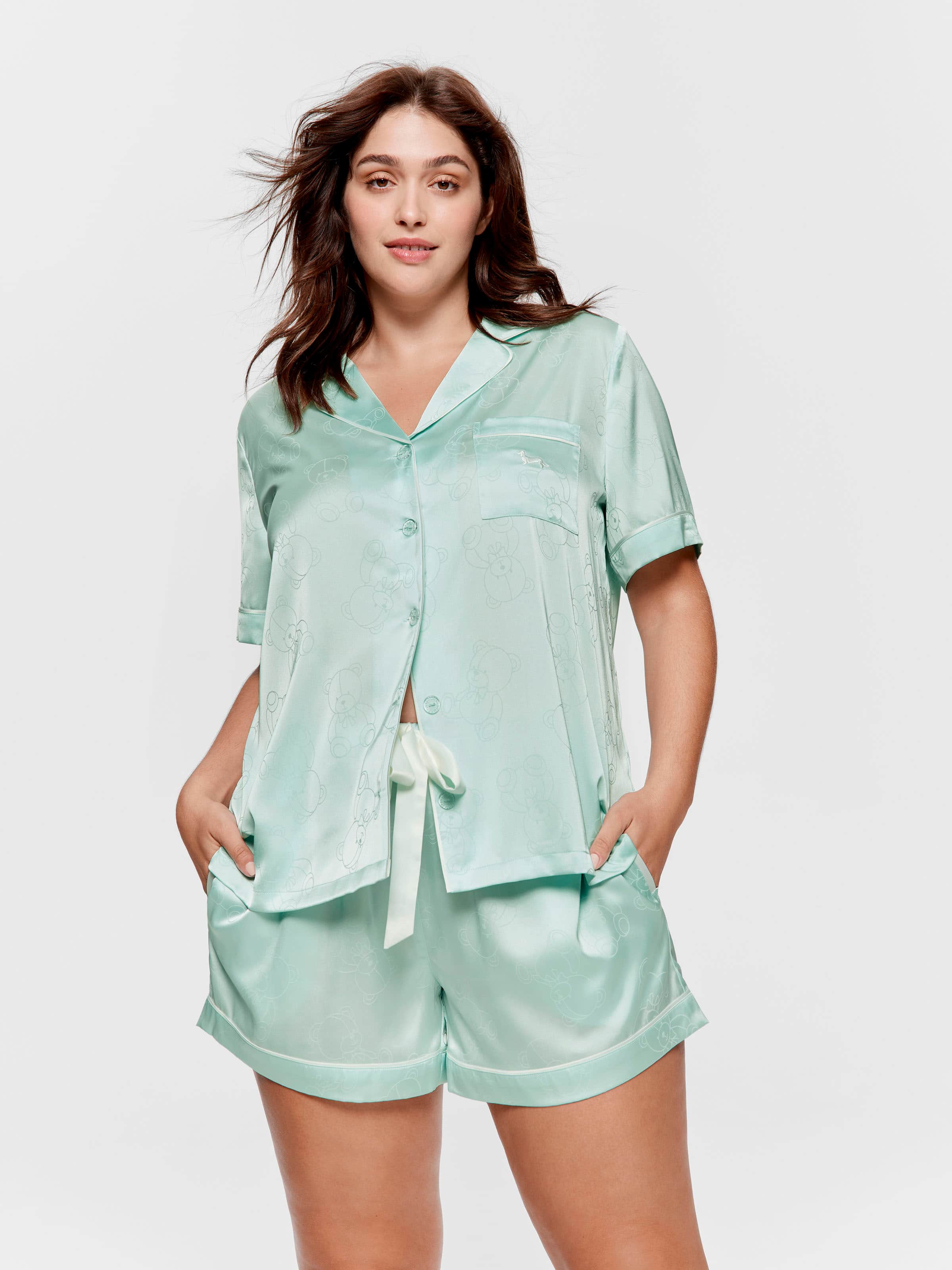Image for P.A. Plus Mint Teddy Bears Chic Satin Shortie Pj Set from Peter Alexander