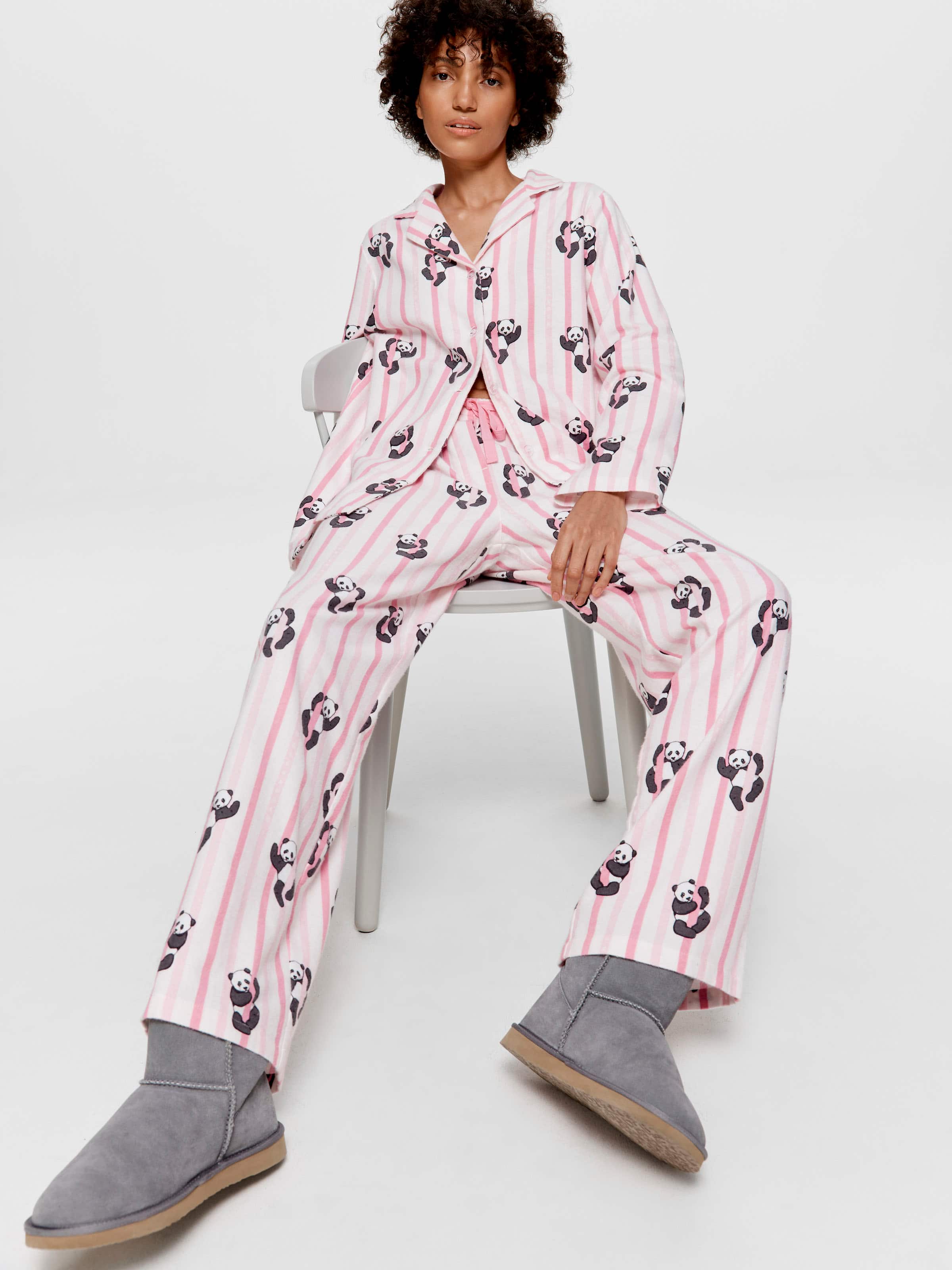 Panda Stripe Classic Flannelette Pj Set