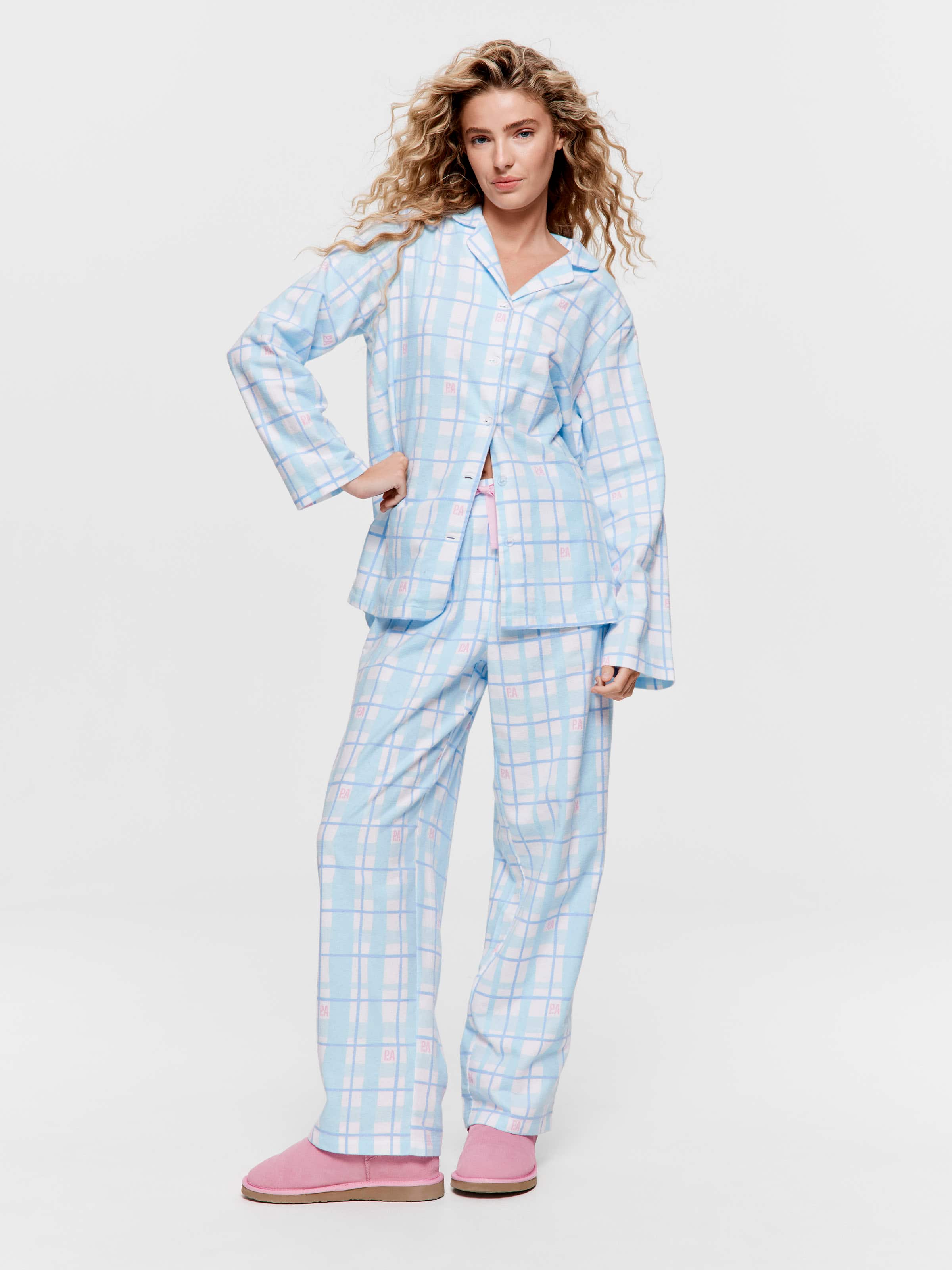 Blue Windowpane Check Classic Flannelette Pj Set