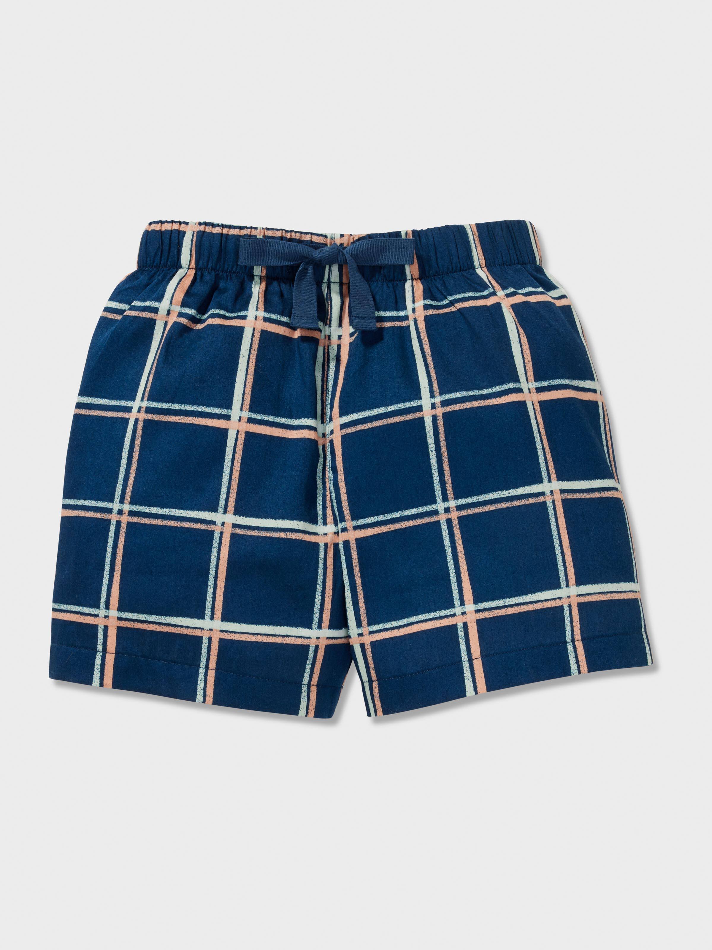 Jnr Boys Navy Check 100% Cotton Short Pj Set