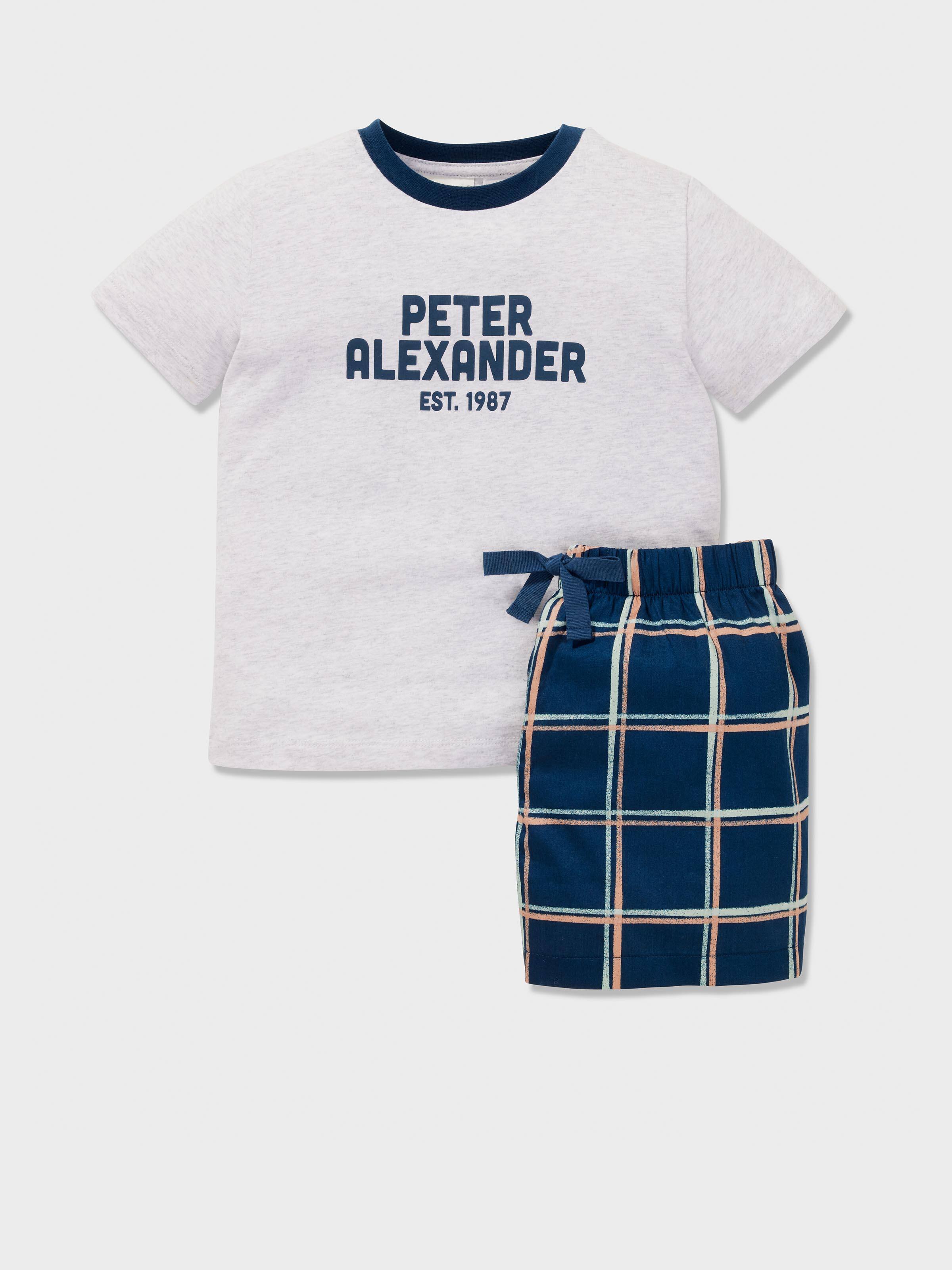 Jnr Boys Navy Check 100% Cotton Short Pj Set