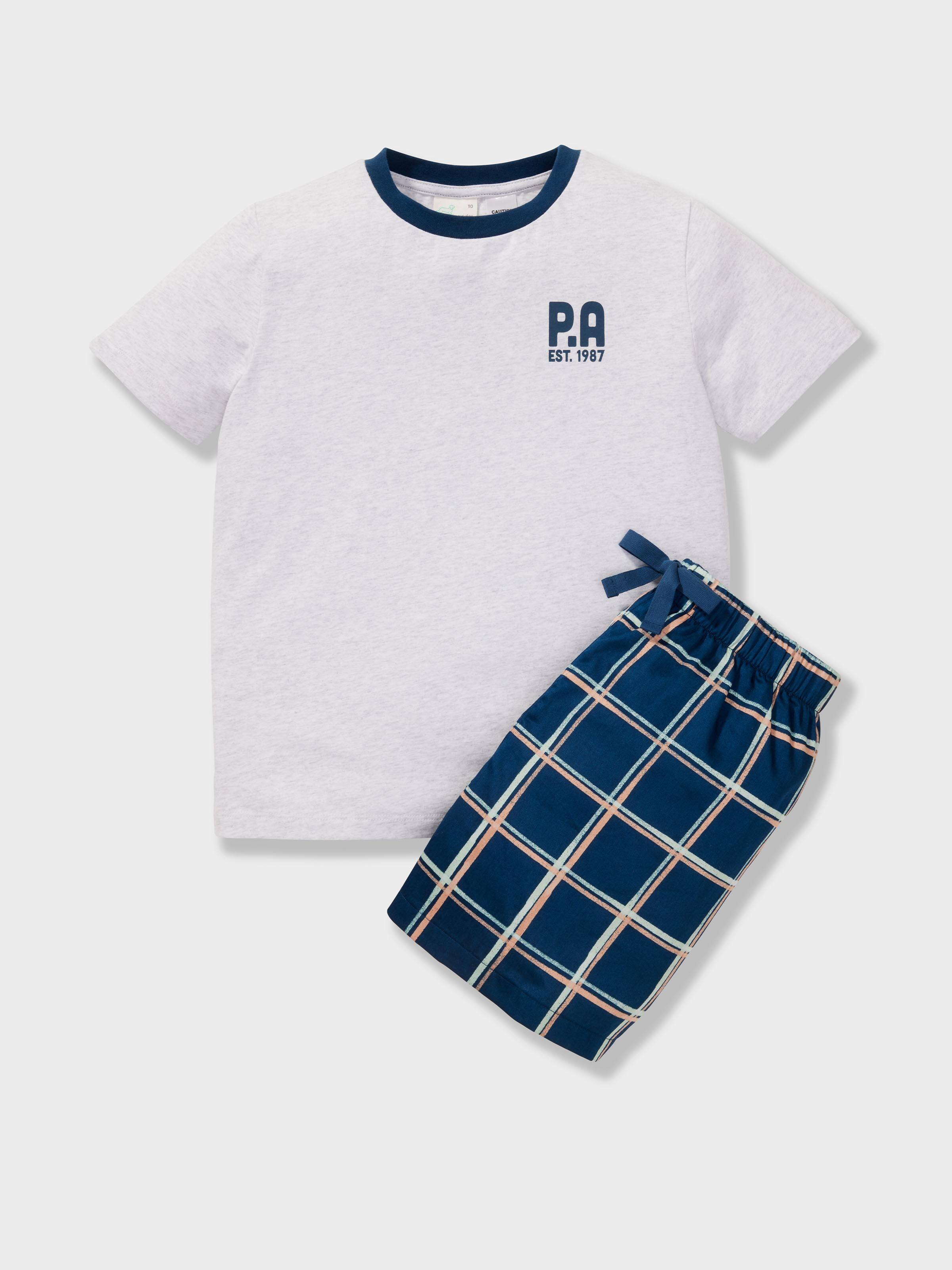 Boys Navy Check 100% Cotton Short Pj Set