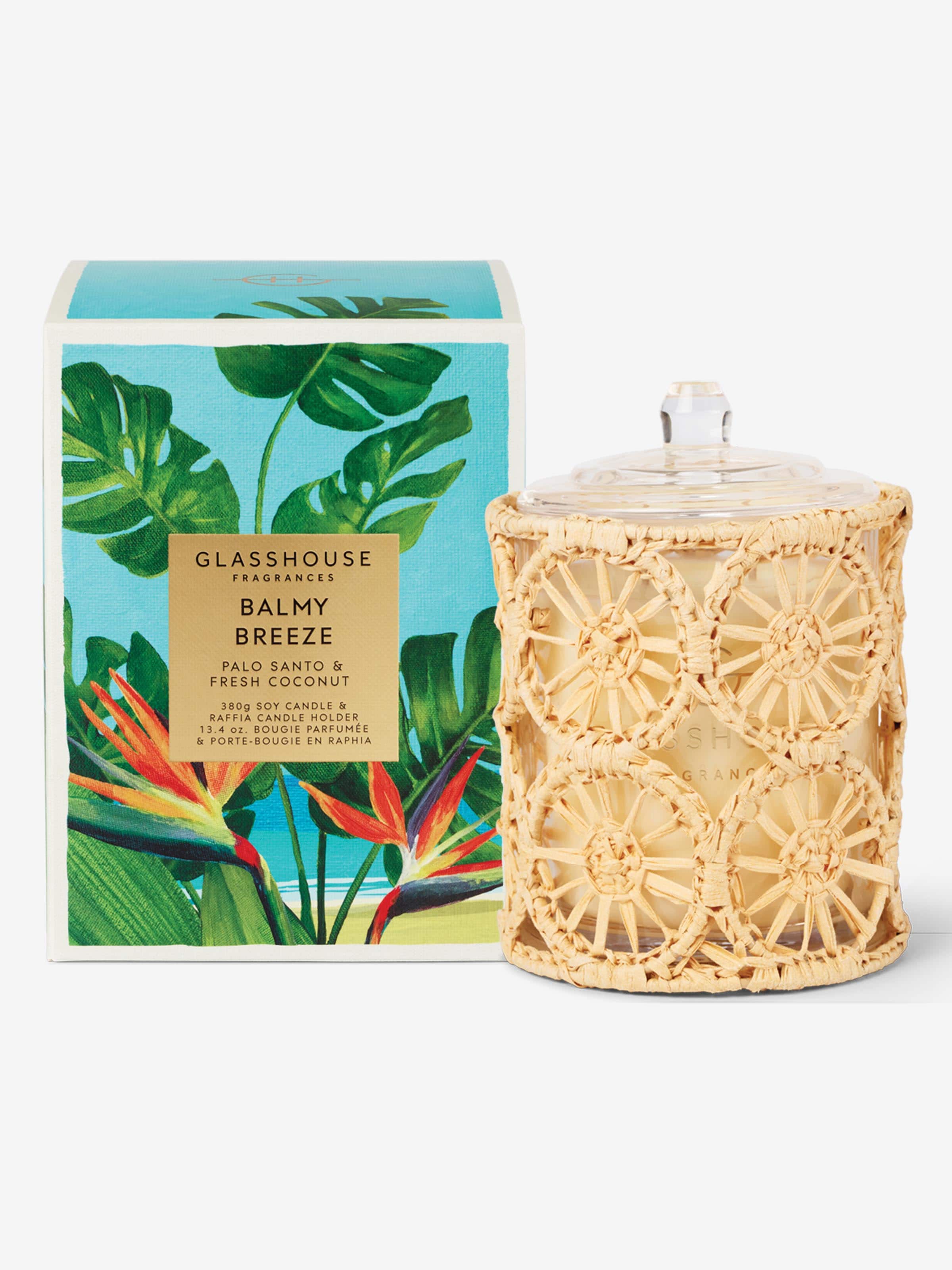 Glasshouse Fragrances Limited Edition Balmy Breeze 380G Candle & Raffia Candle Holder